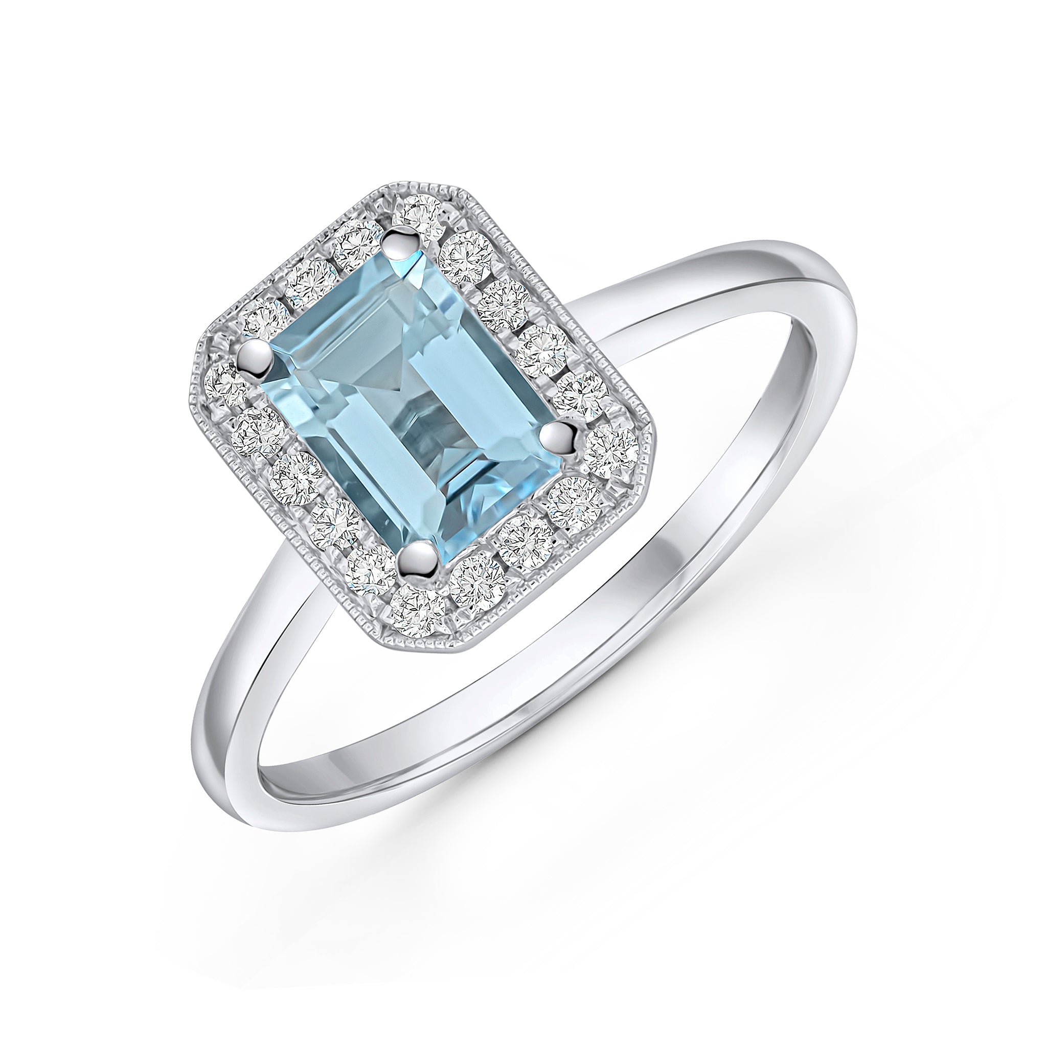 18ct White Gold Claw Set Octagon Aquamarine and Diamond Claw and Grain Set Cluster Ring