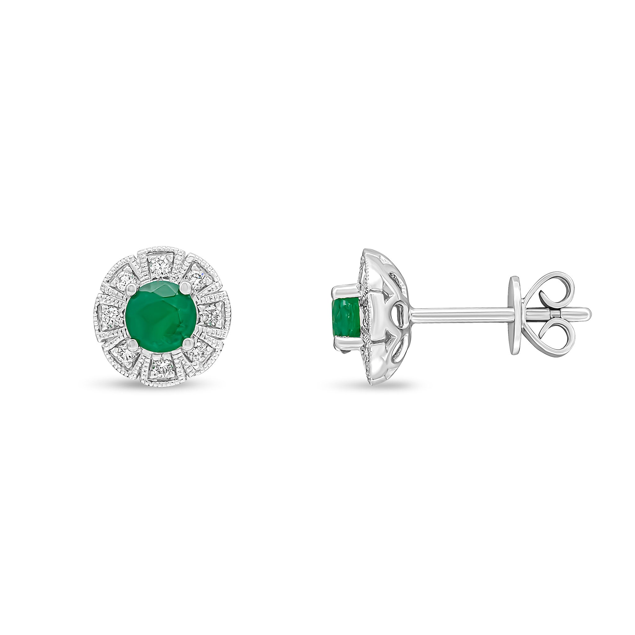 18ct White Gold Round Emerald and Diamond Milgrain Fancy Cluster Earrings