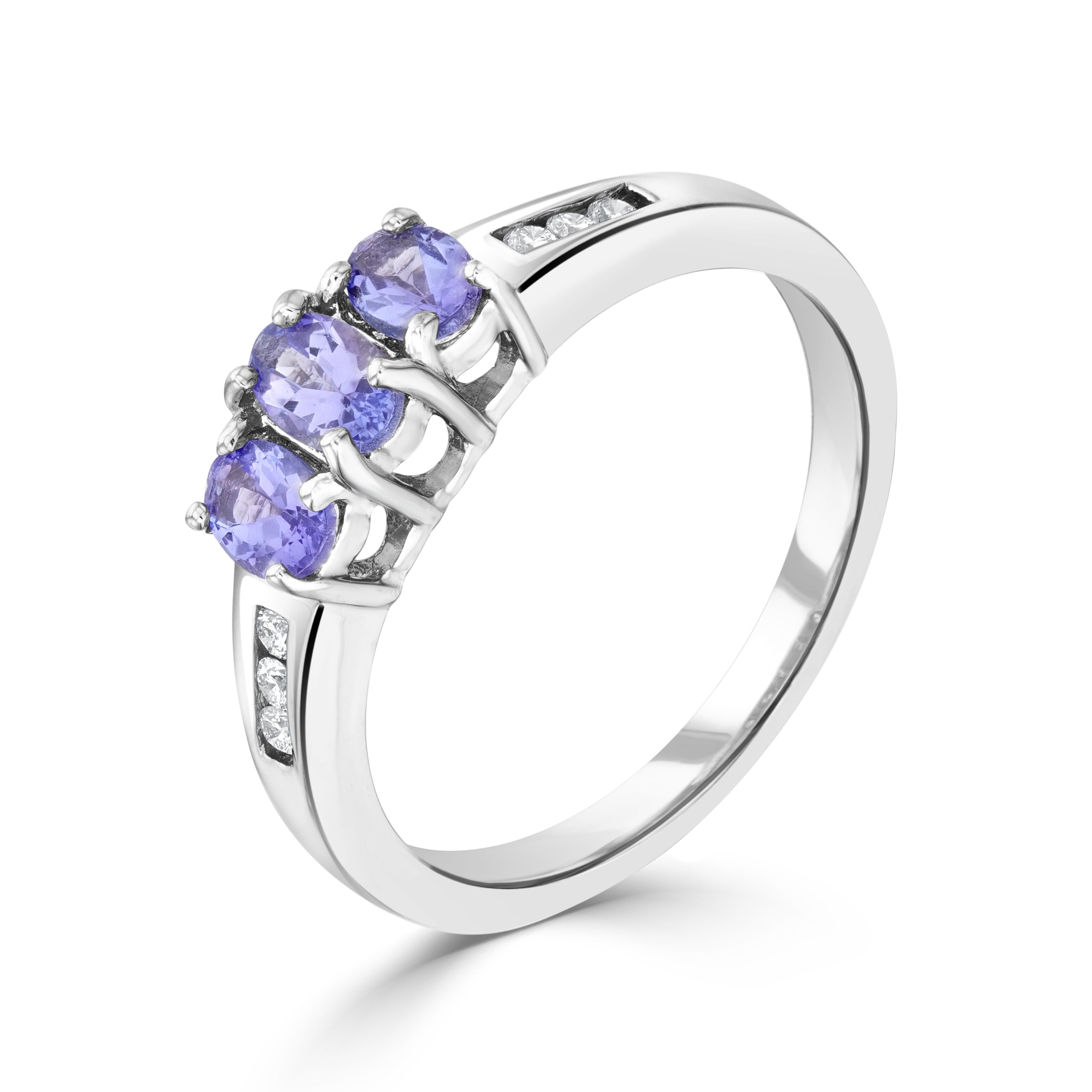 9ct White Gold Oval Tanzanite Claw Set 3 Stone Ring with Channel Set Diamond Shoulders