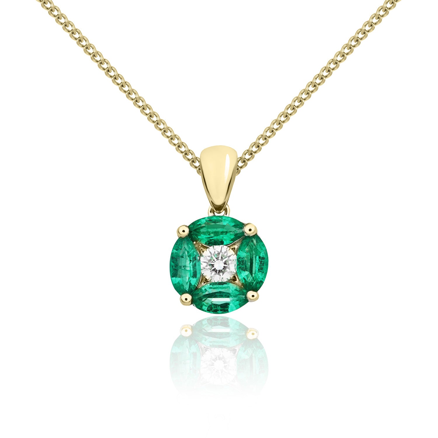 18ct Yellow Gold Marquise Emerald and Round Diamond Claw Set Cluster Pendant with Plain Loop