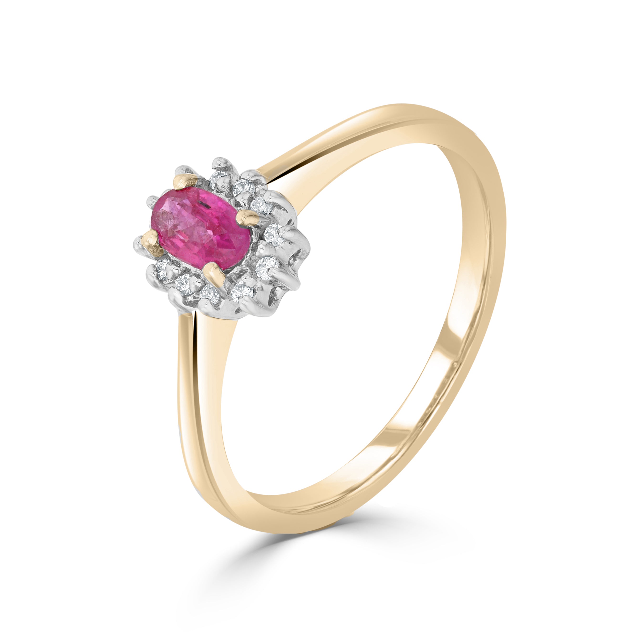 9ct Yellow Gold 5x3 Oval Ruby & Diamond Claw Set Cluster Ring Rhodium to Diamonds