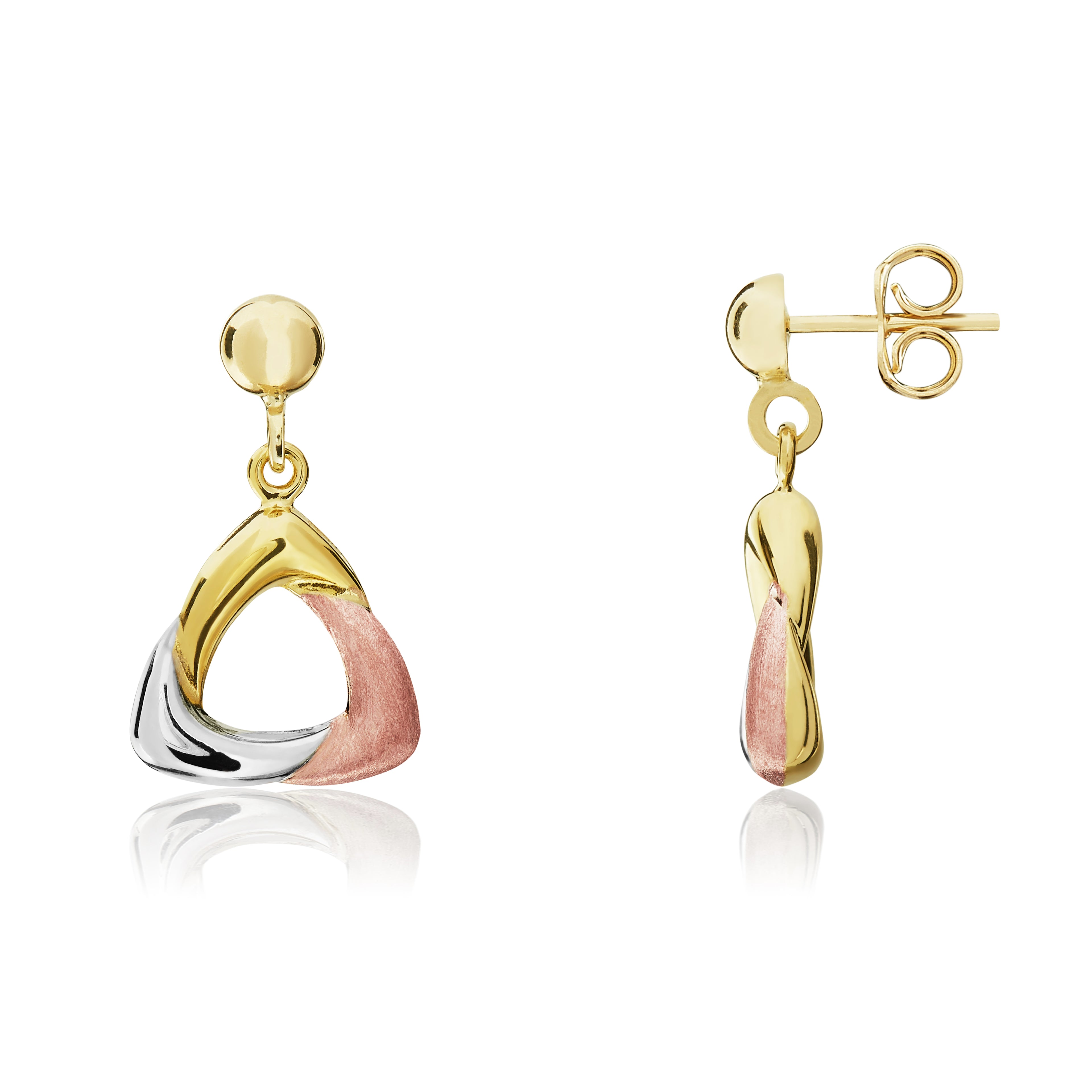 Three Tone 9ct Gold Satin Polished Open Triangle Drop Earrings
