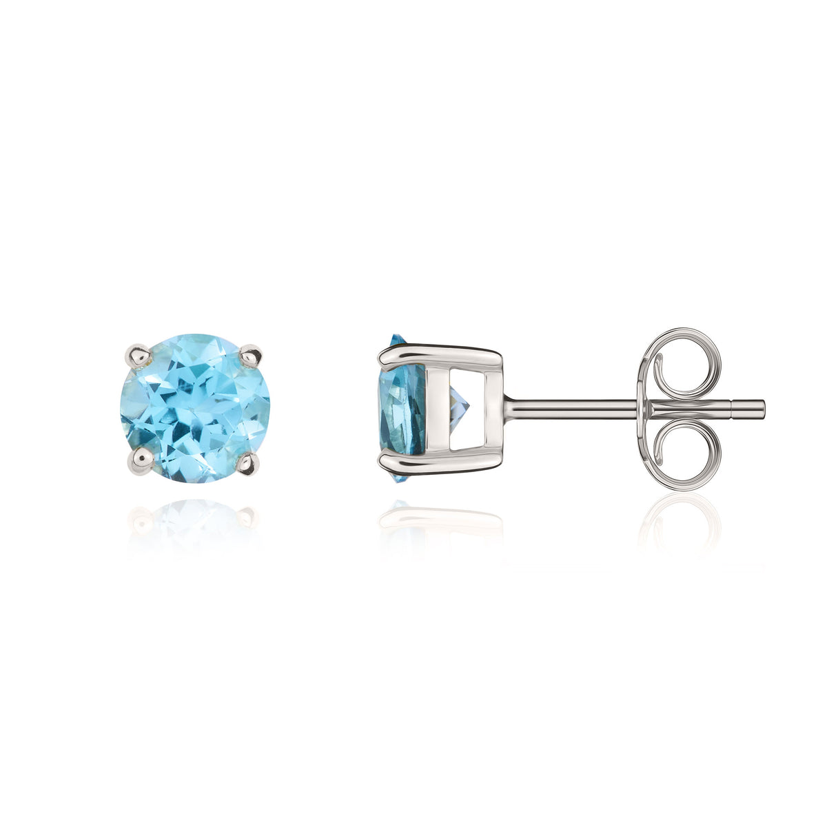 9ct White Gold 5mm Round Swiss Blue Topaz Claw Set Stud Earrings