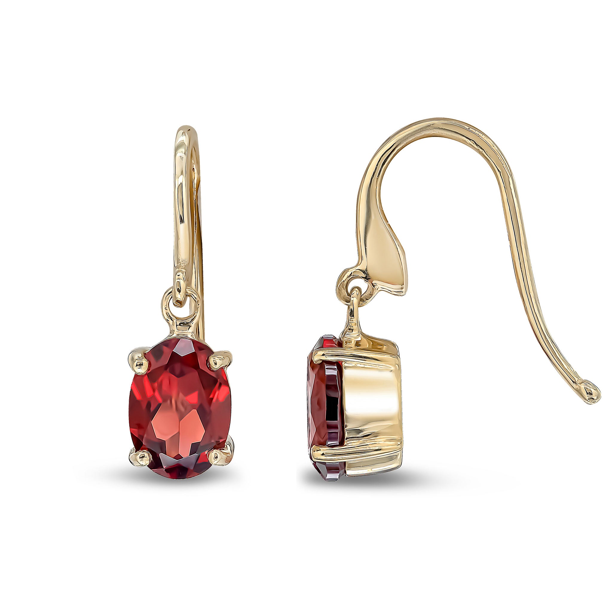 9ct Yellow Gold 7x5 Oval Garnet Claw Set Drop Earrings with Hook Wire Fitting