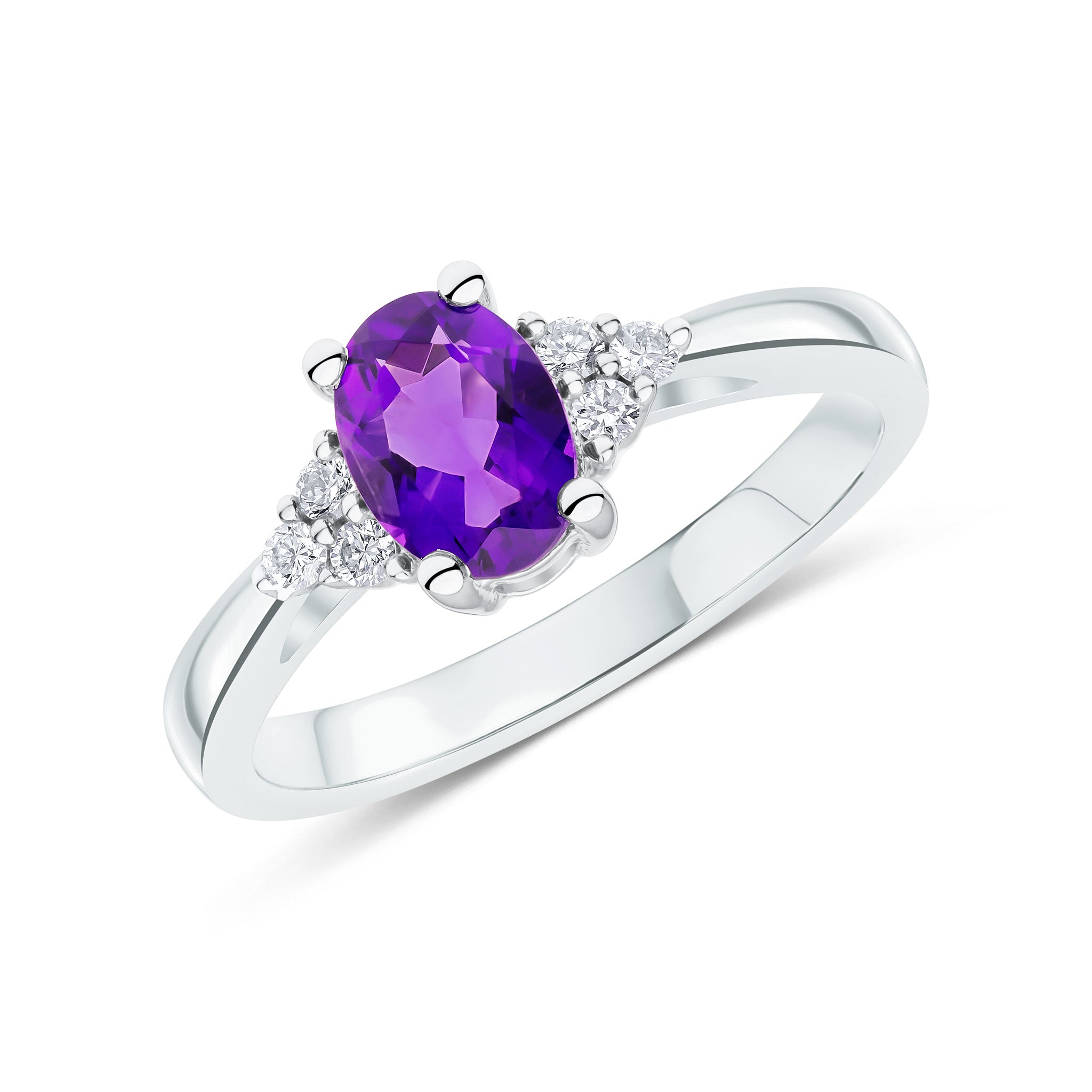 9ct White Gold 7x5 Oval Amethyst & Diamond Trefoil Shoulders Ring