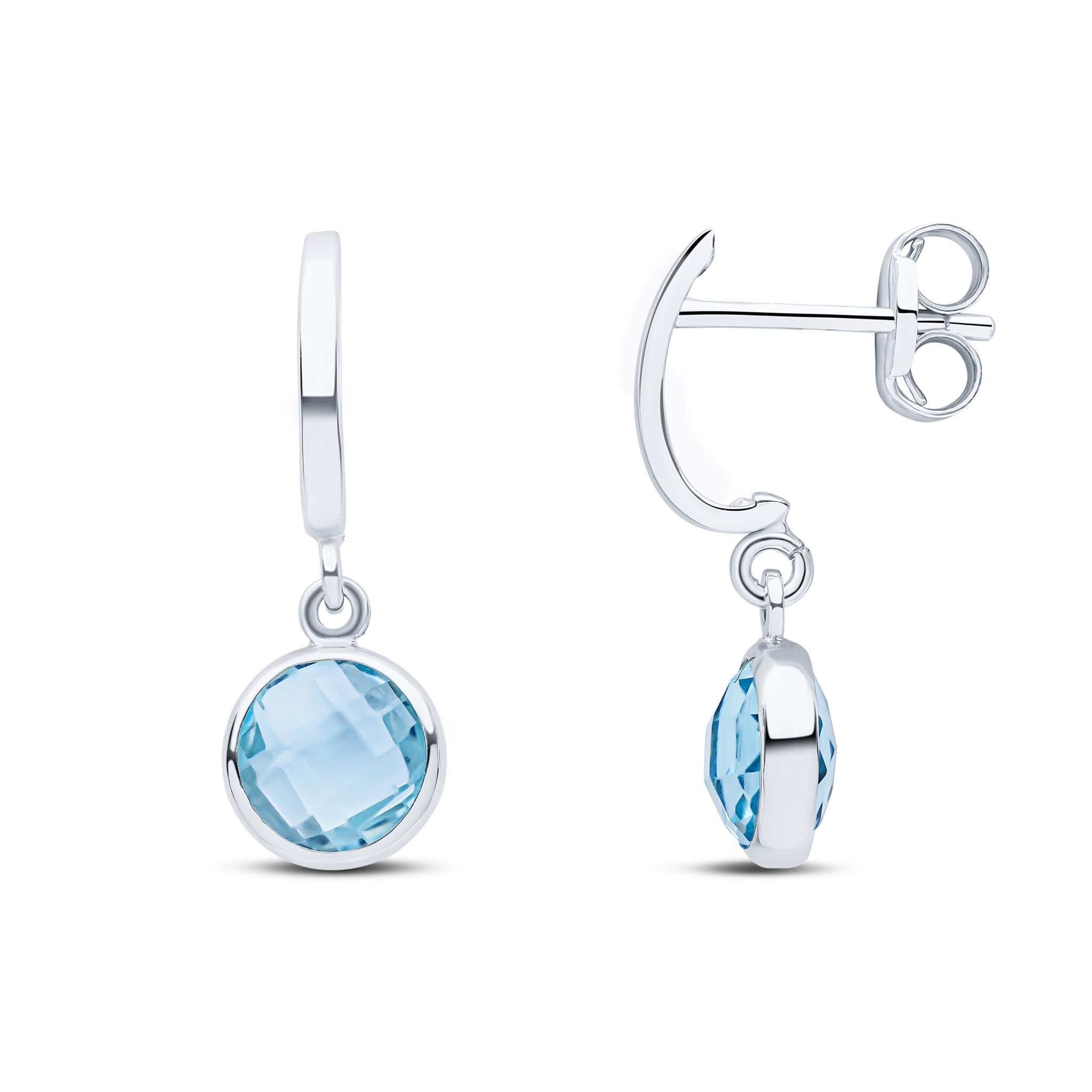 9ct White Gold Curved Bar Top with Checkerboard Cut Round Blue Topaz Spec Set Drop Earrings