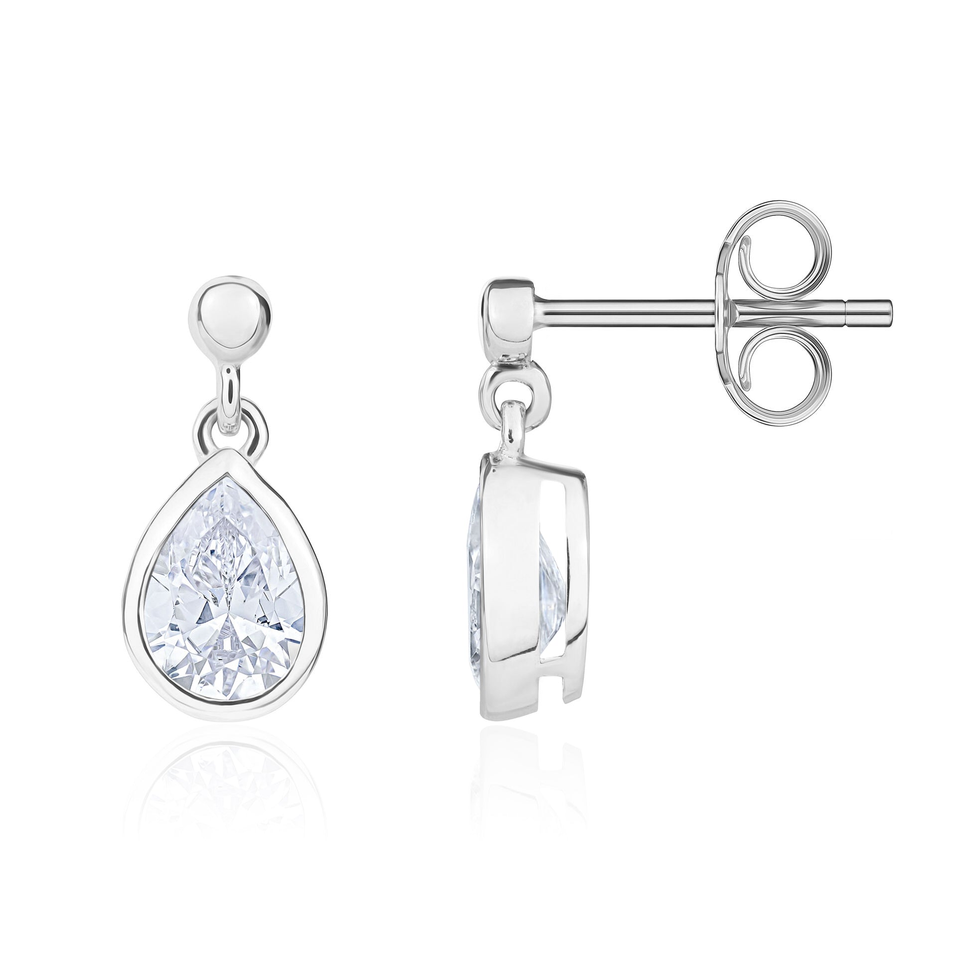 9ct White Gold 7x5 Pear Shape CZ Rubover Drop Earrings with Bead Stud Top