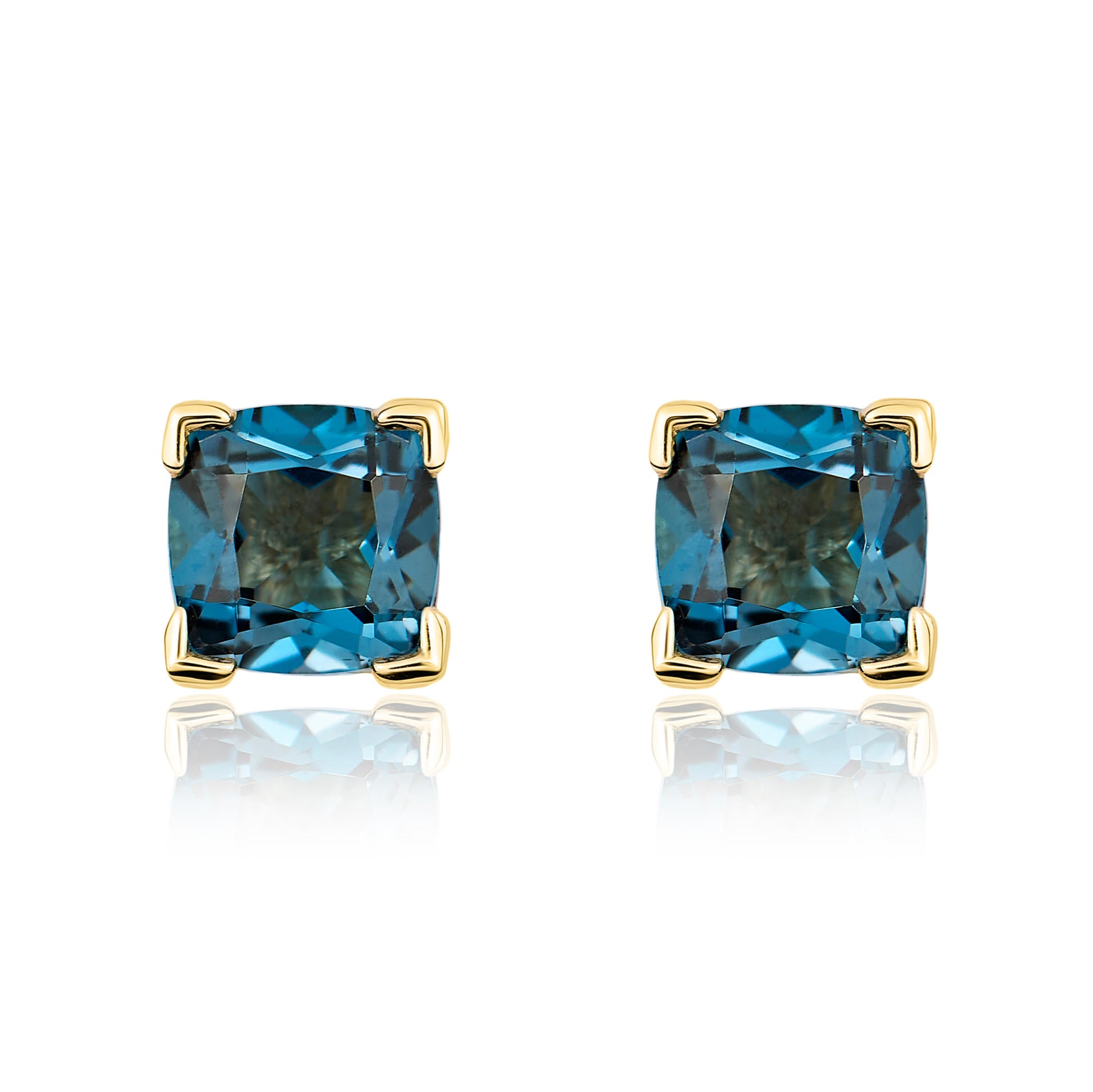 9ct Yellow Gold 6mm Cushion London Blue Topaz Claw Set Earrings