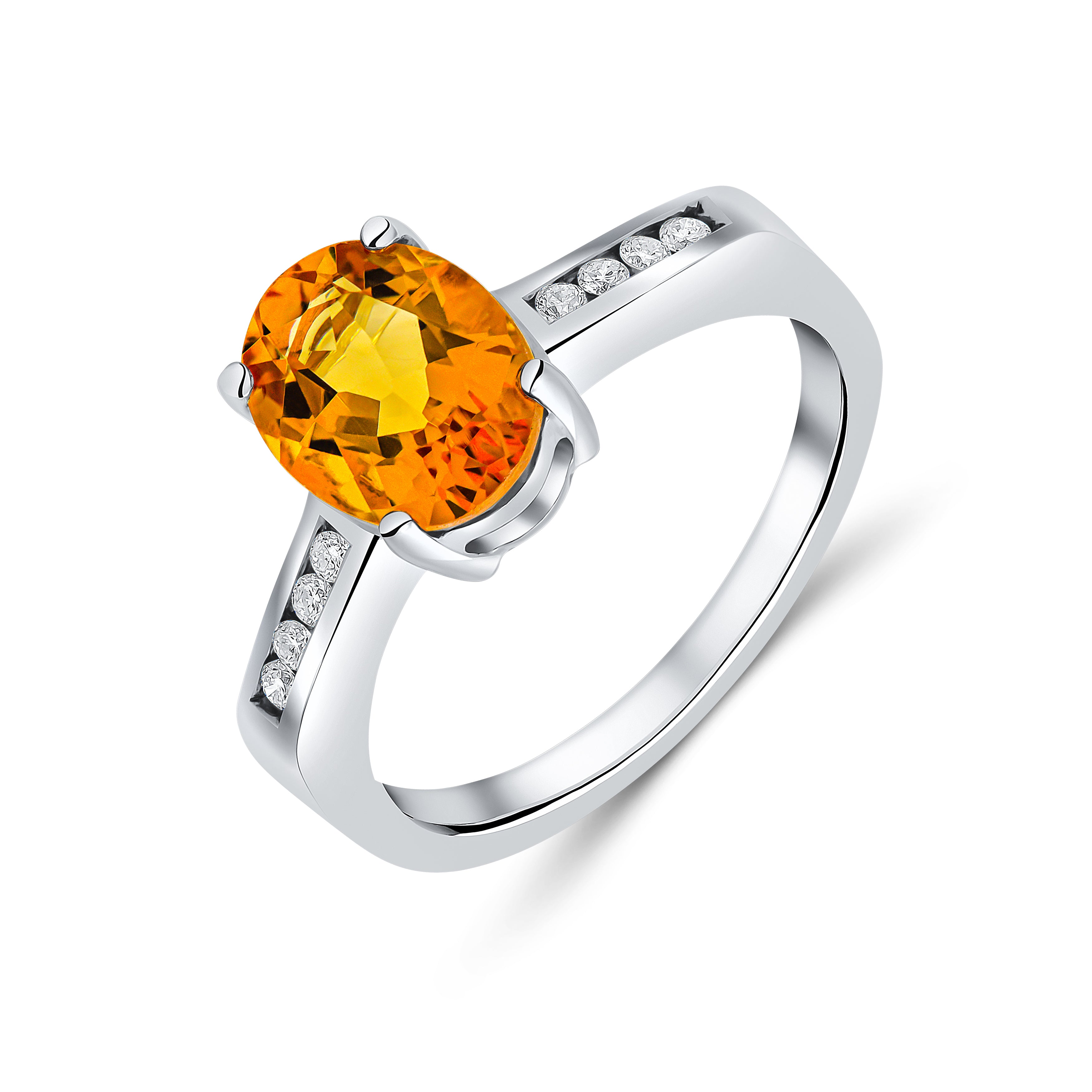 9ct White Gold 9x7mm Claw Set Oval Citrine Single Stone Ring with Channel Set Diamond Shoulders