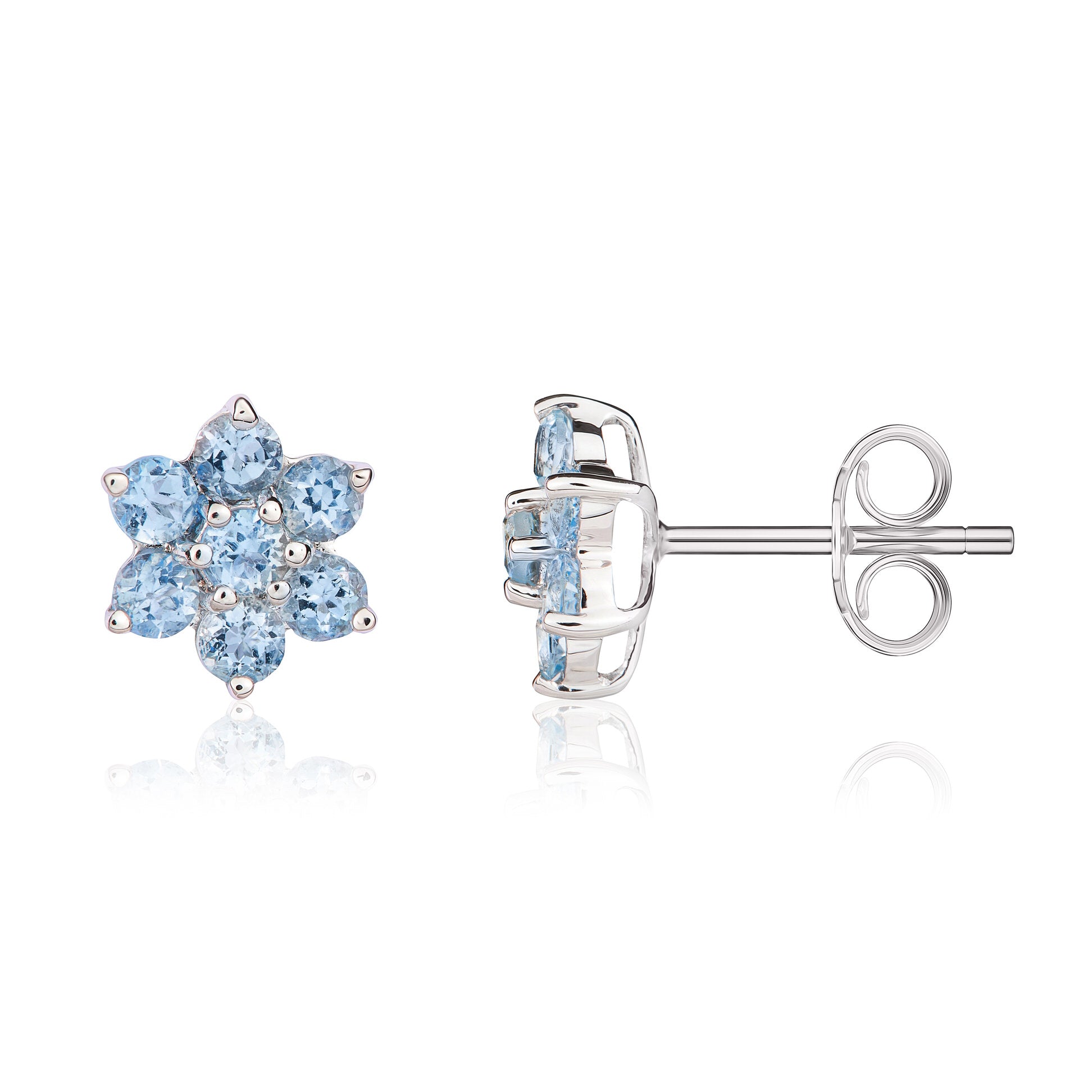 9ct White Gold Round Aquamarine Flower Cluster Stud Earrings