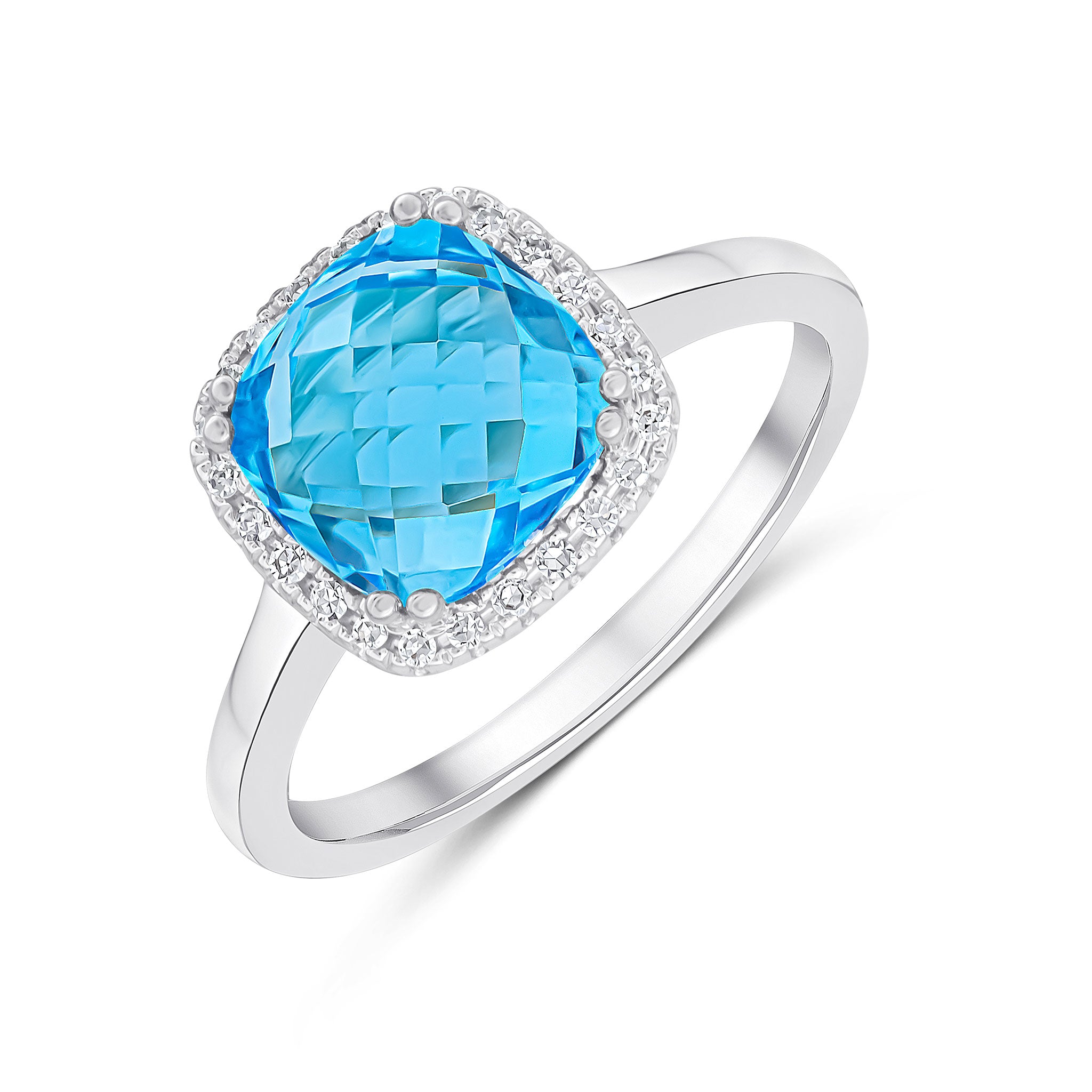 9ct White Gold 8mm Checkerboard Cut Cushion Swiss Blue Topaz and Round Diamond Claw Set Cluster Ring