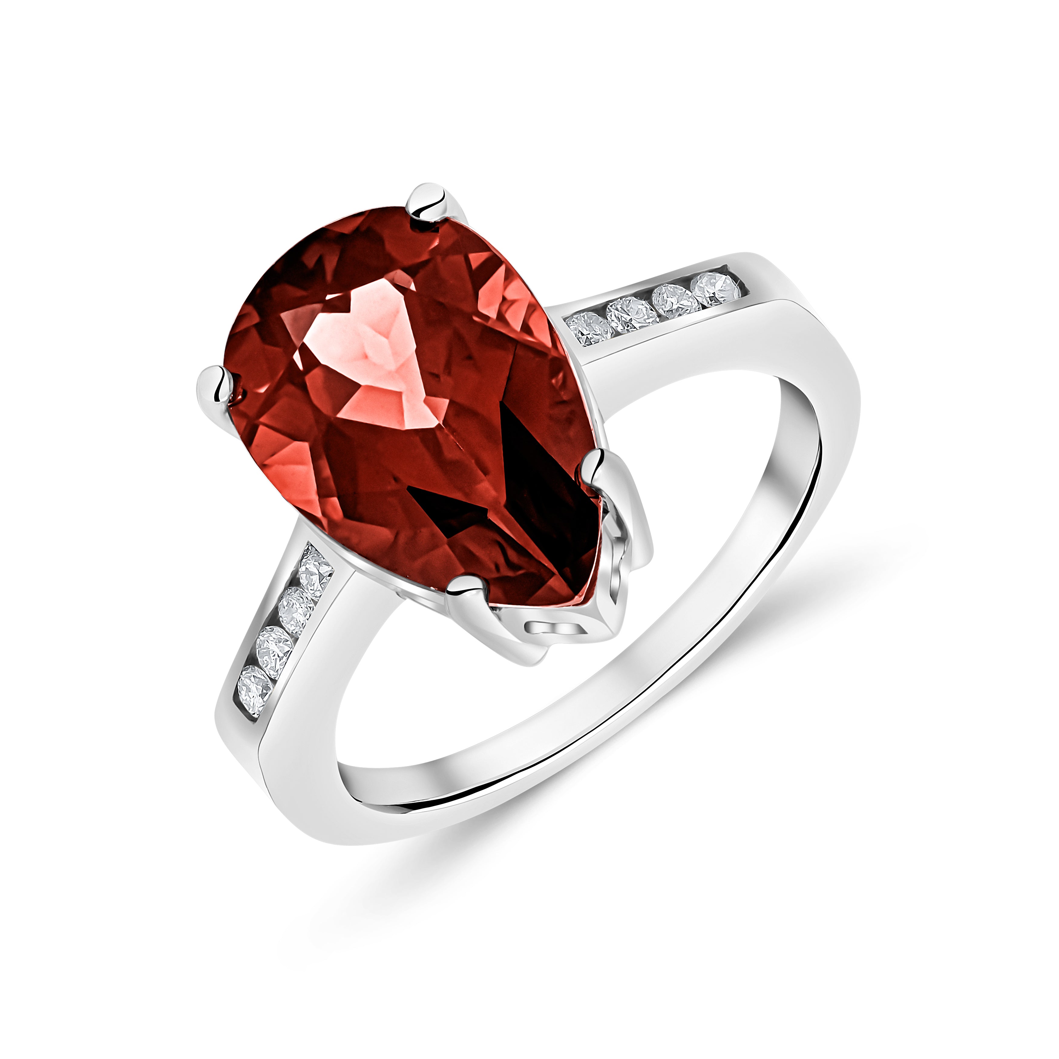 9ct White Gold 14x9 Pear Shape Garnet Single Stone Ring with Channel Set Diamond Shoulders