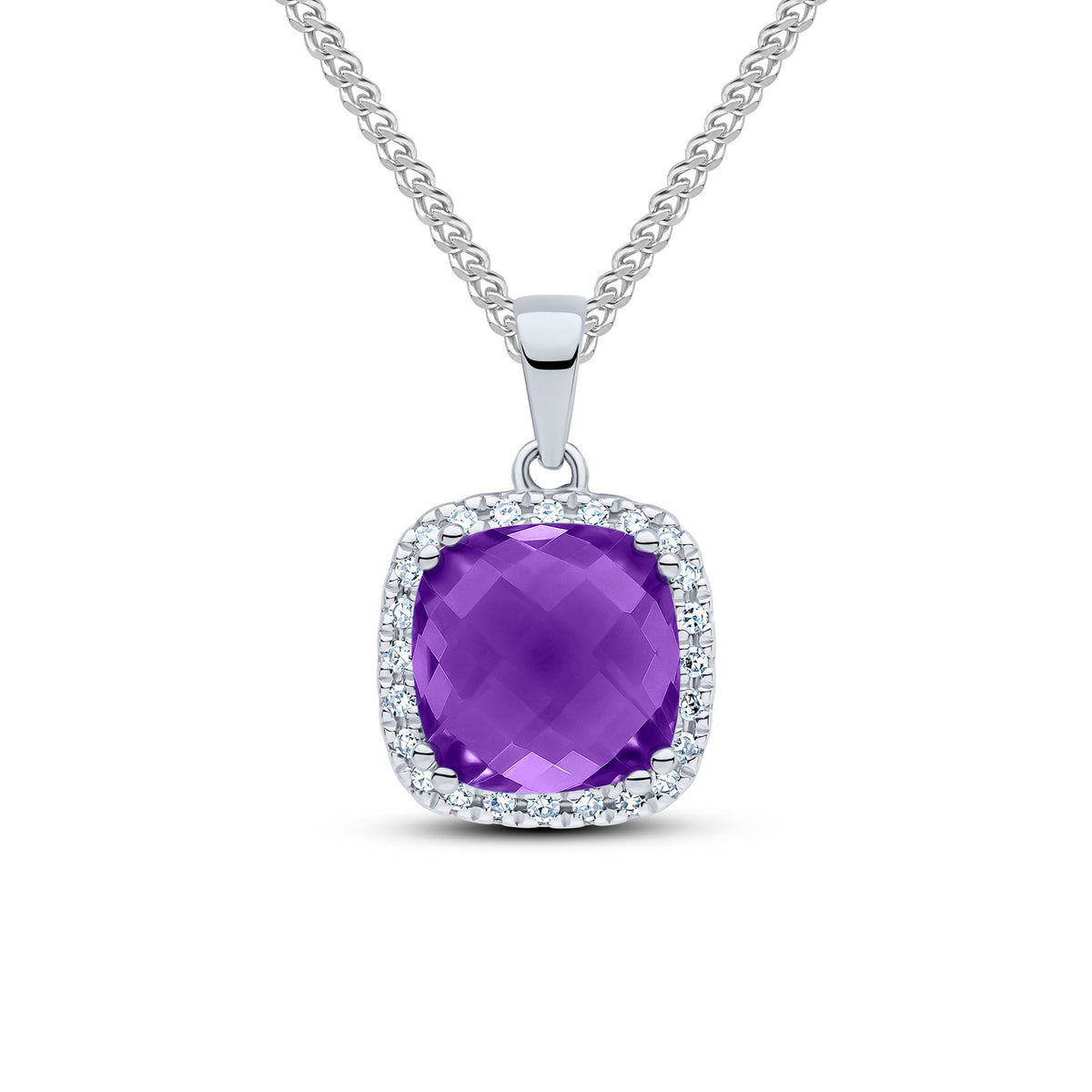 9ct White Gold 8mm Checkerboard Cut Cushion Amethyst and Round Diamond Claw Set Cluster Pendant