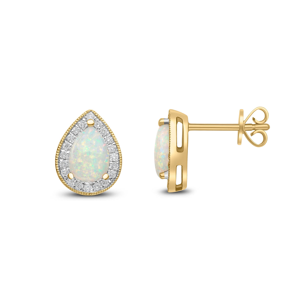 18ct Yellow Gold Claw Set 7x5 Pear Shape Opal & Diamond Cluster Earrings Milgrain Edge
