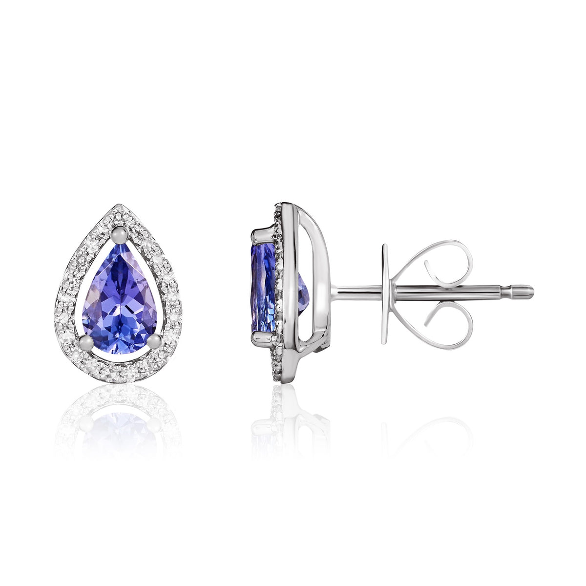 9ct White Gold 6x4 Pear Shape Tanzanite & Diamond Halo Cluster Earrings
