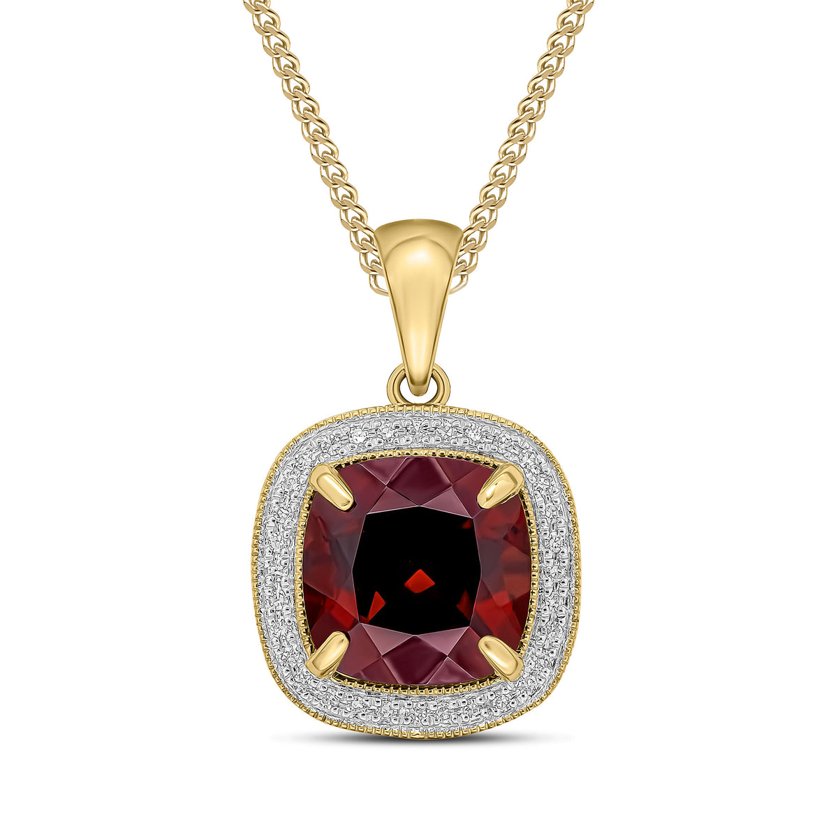9ct Yellow Gold Cushion Garnet & Diamond Cluster Pendant