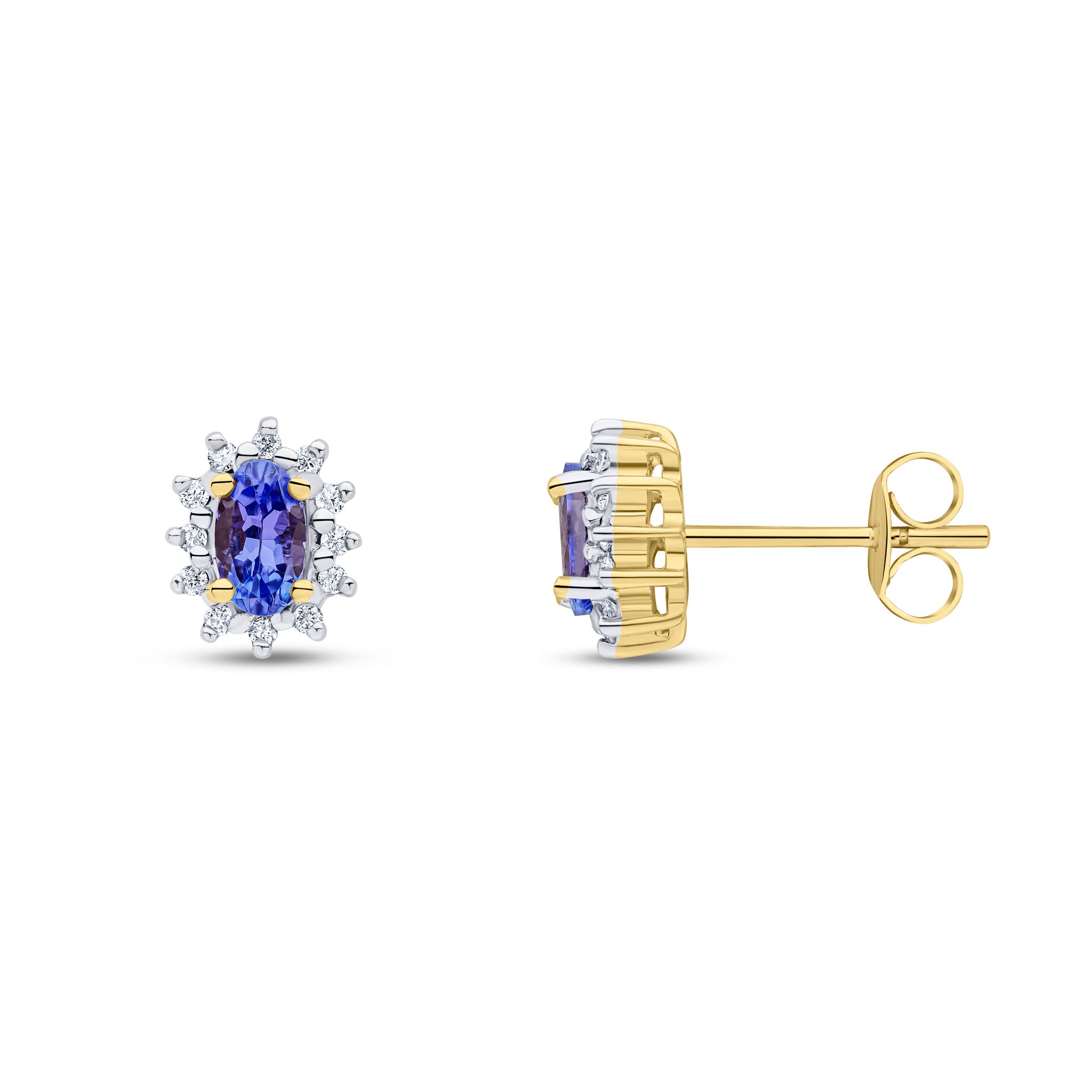 9ct Yellow Gold 5x3 Oval Tanzanite & Diamond Claw Set Cluster Earrings Rhodium to Diamonds