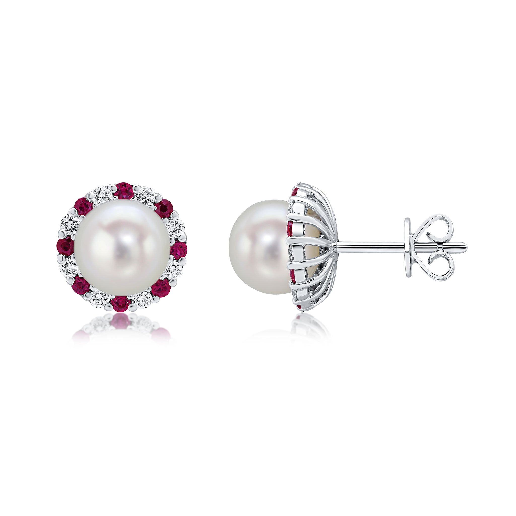 18ct White Gold 7mm Cultured Pearl Studs with Ruby and Diamond Detacheable Border
