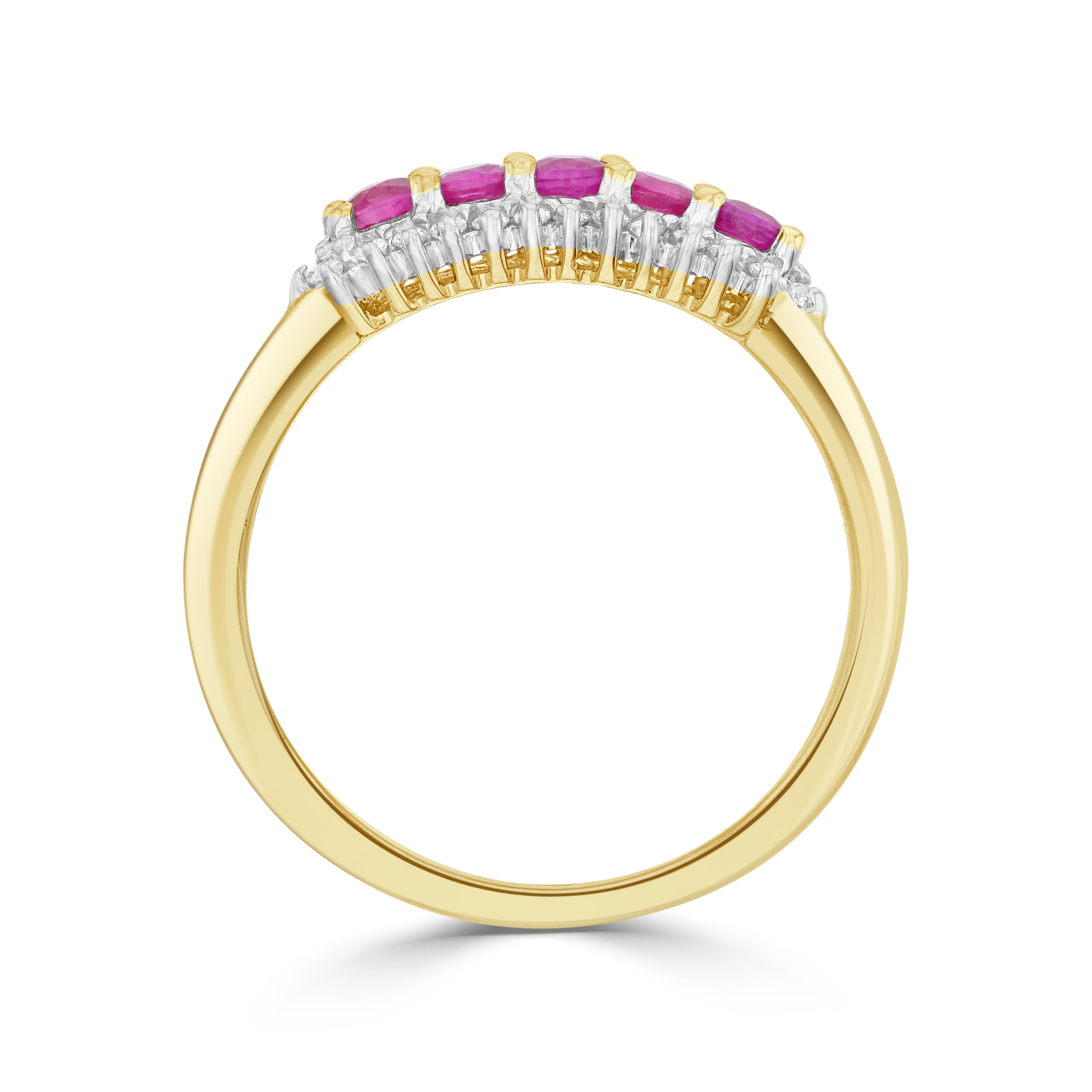 9CT YG ROUND RUBY AND ROUND DIAMOND 3 ROW CLAW SET BAND RING. RHODIUM TO DIAMONDS 1