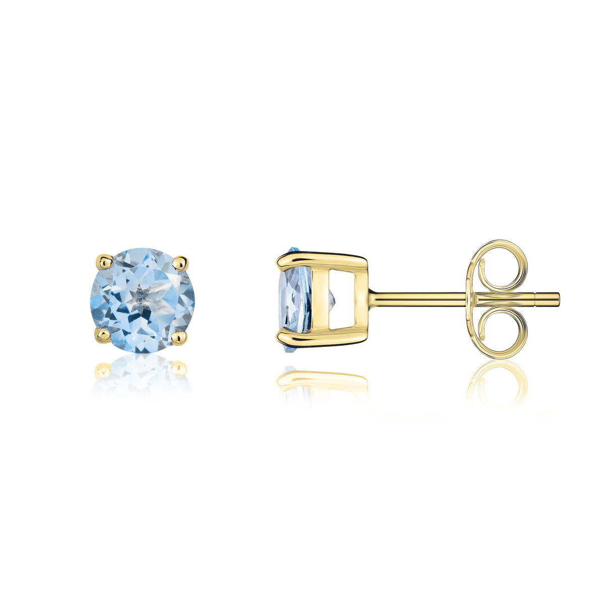 9ct Yellow Gold Round Aquamarine Claw Stud Earrings