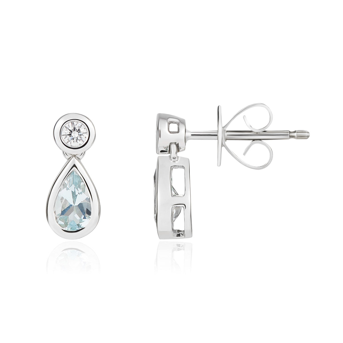 18ct White Gold Pear Shape Aquamarine and Round Diamond Rubover 2 Stone Drop Earrings