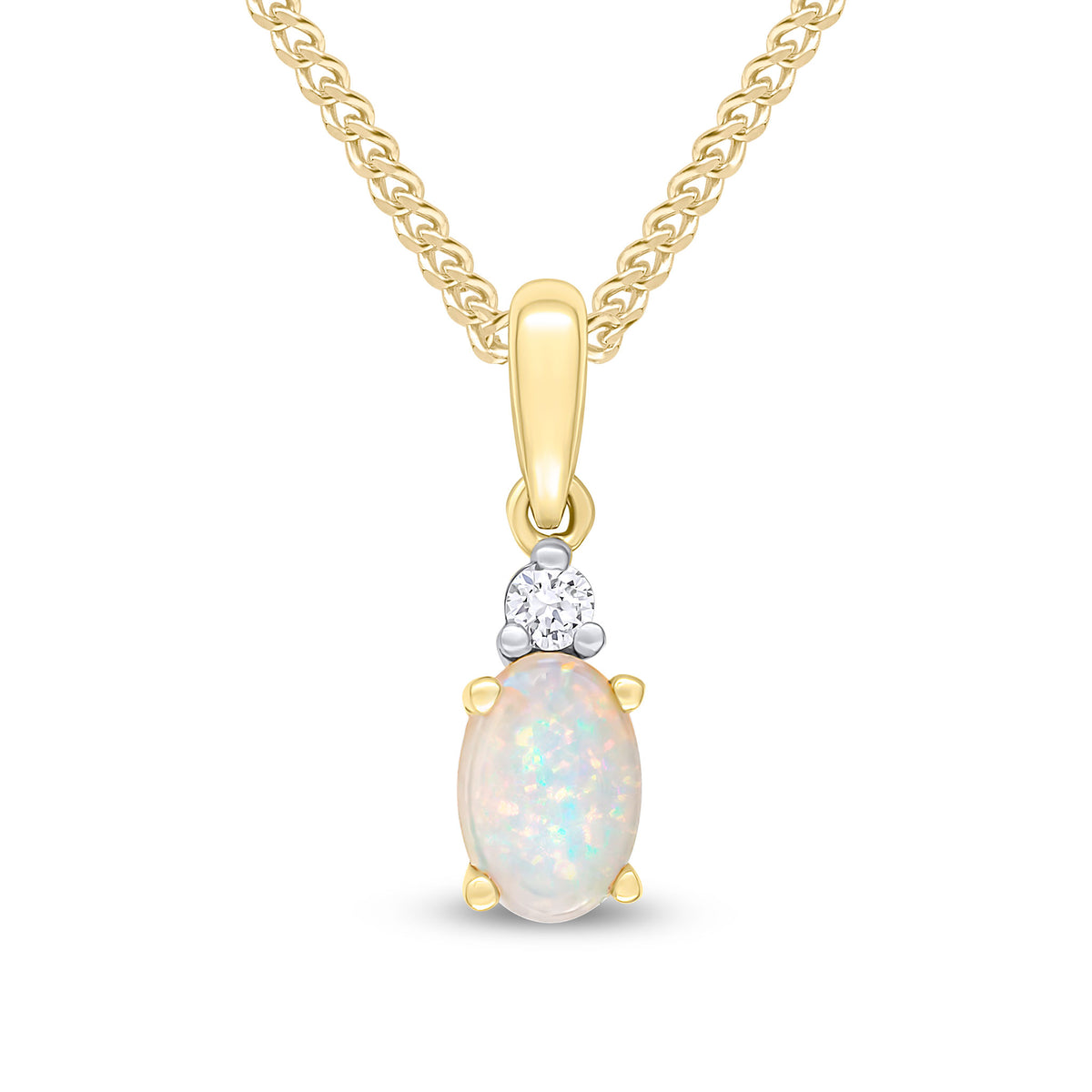 18ct Yellow Gold 6x4 Oval Opal and Round Diamond Claw Set 2 Stone Pendant