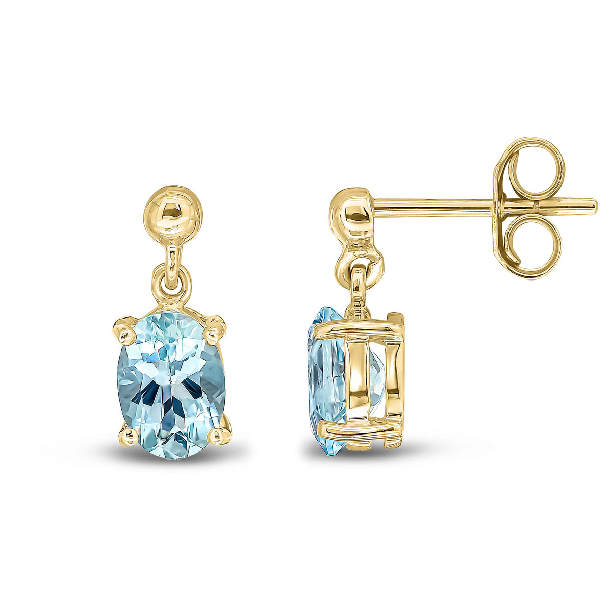 9ct Yellow Gold 7x5 Oval Aquamarine Claw Set Drop Earrings with Bead Top