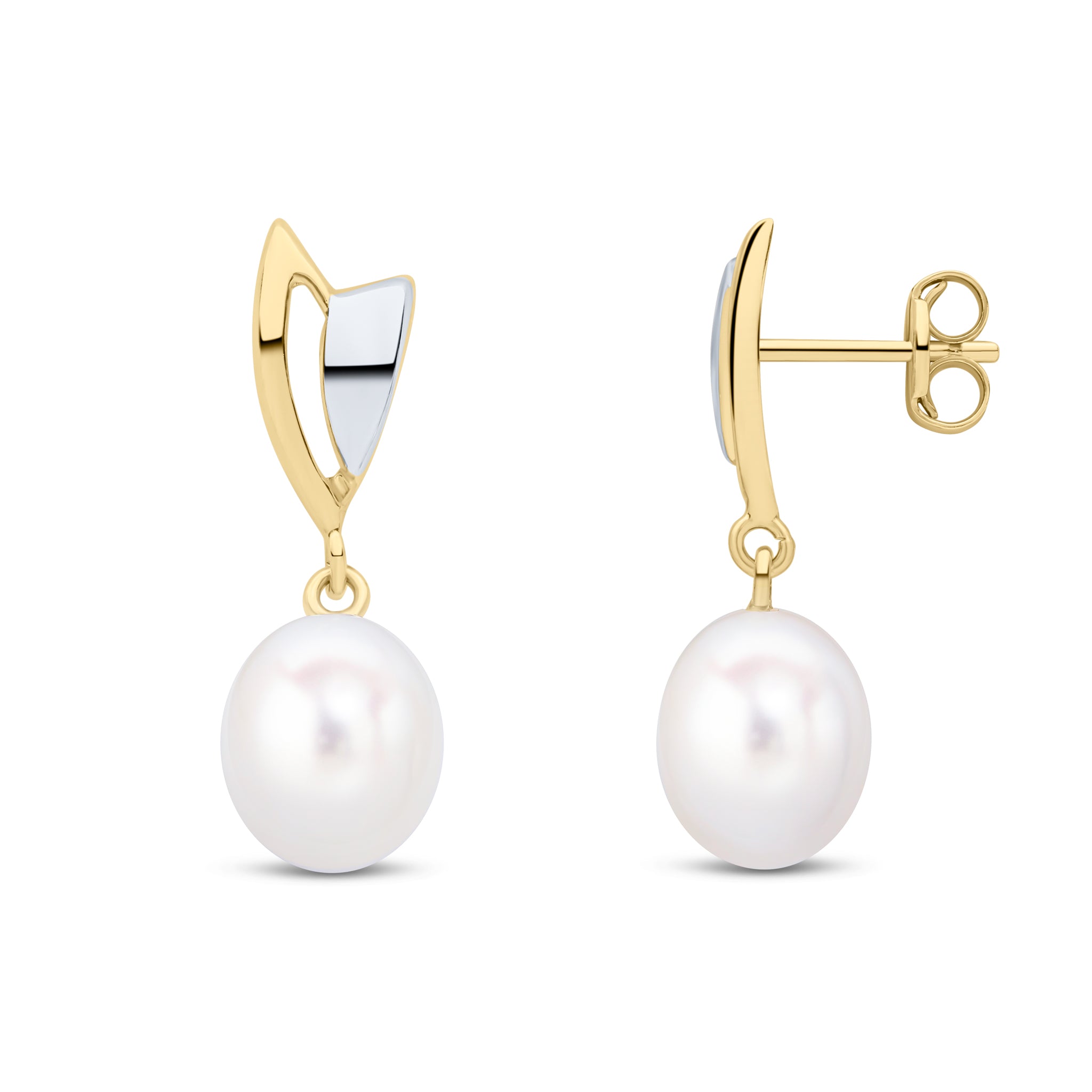 9ct Yellow Gold Shield Shape Top with Rhodium Section and Cfw Pearl Drop Earrings