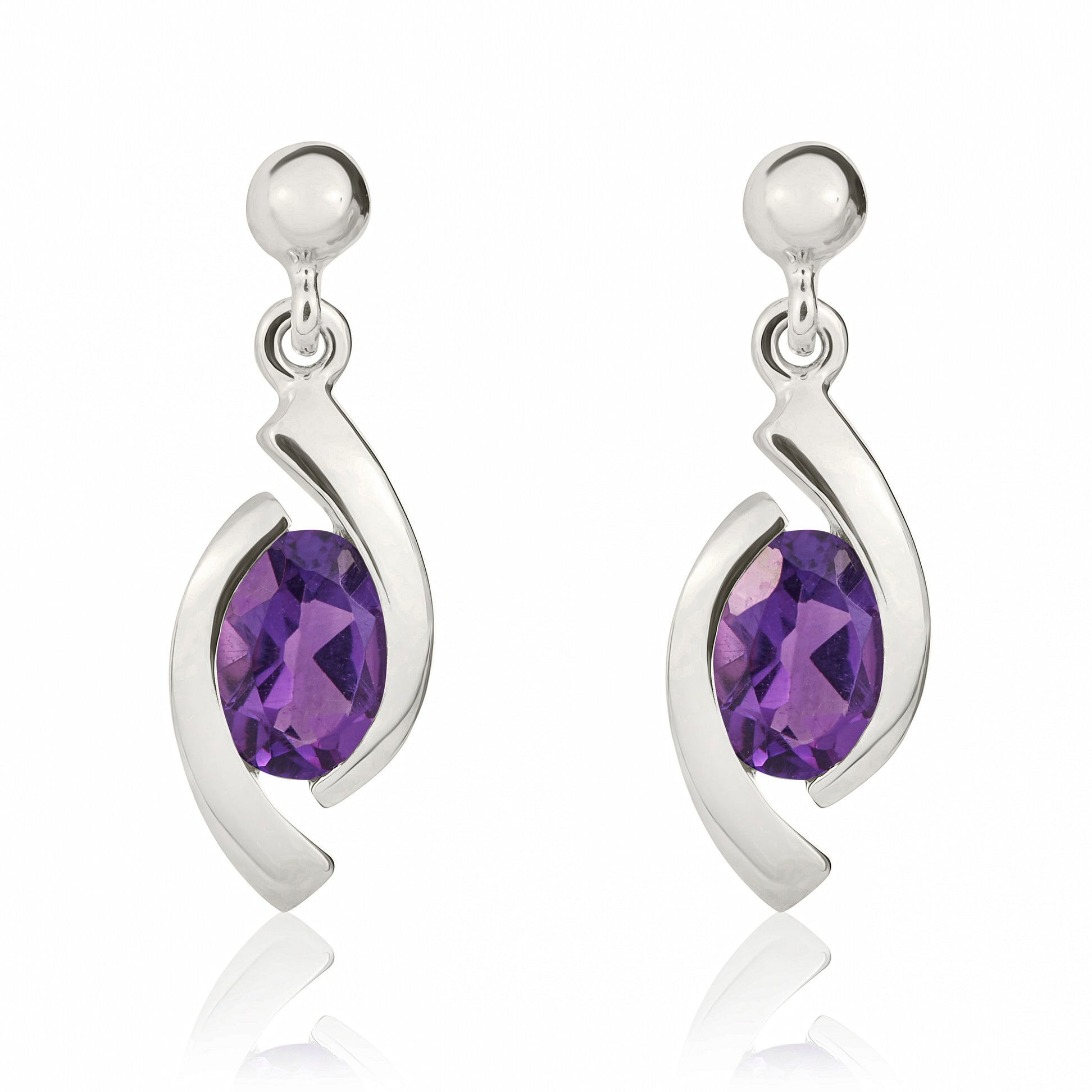 9ct White Gold Oval Amethyst 'eye' Drop Earrings with 3mm Bead Top