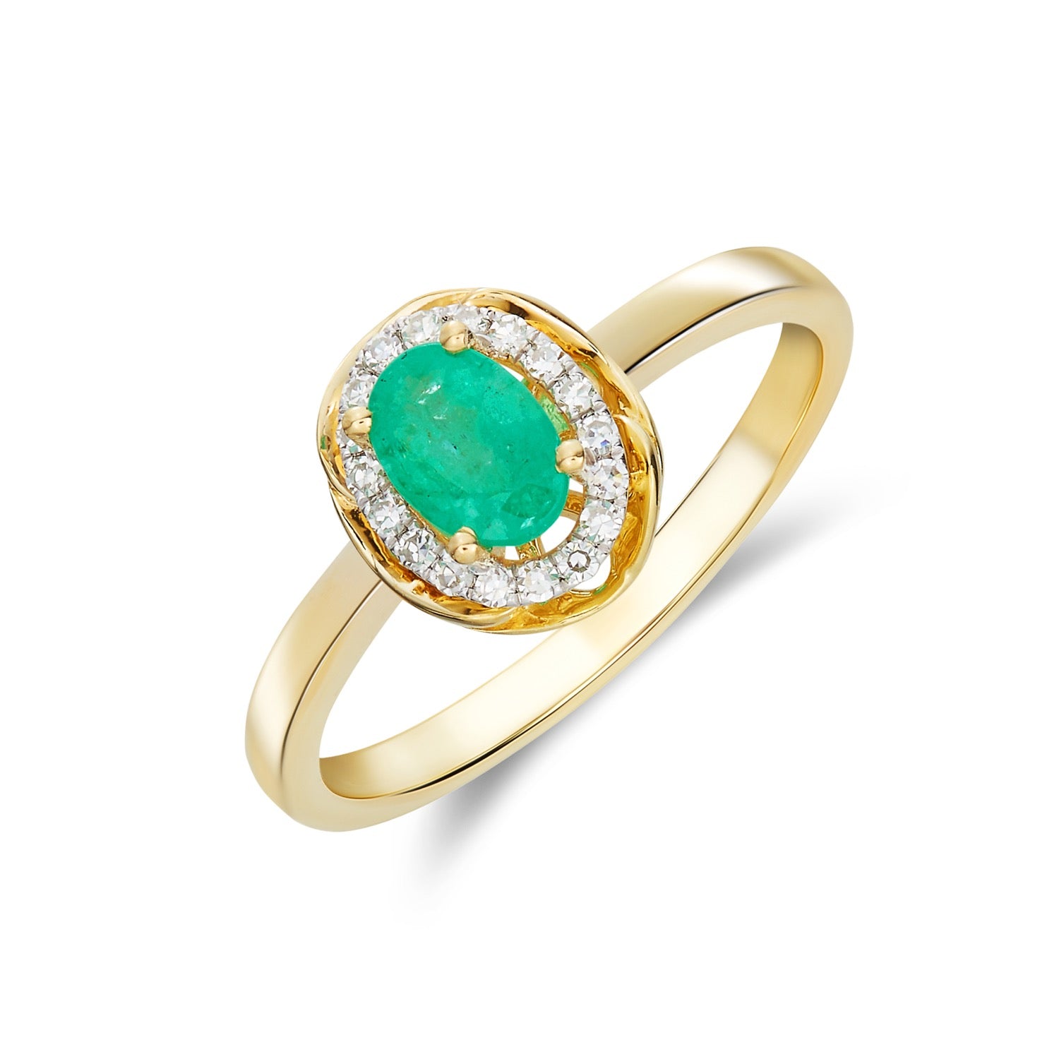 9CT YG 6X4 OVAL EMERALD & DIAMOND CLUSTER RING WITH ROPE EDGE. RHODIUM TO DIAMONDS 1