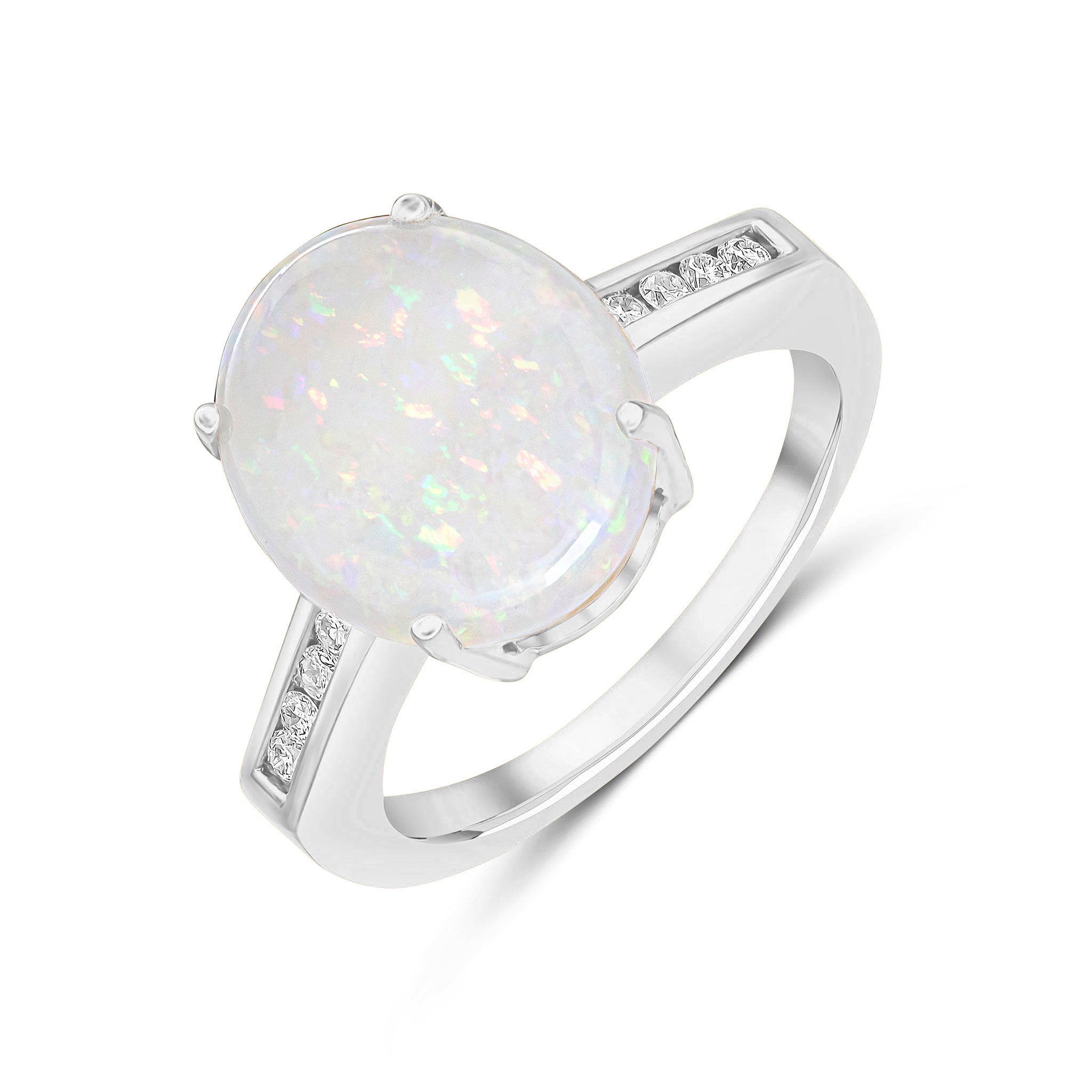 9ct White Gold 12x10mm Claw Set Oval Opal Single Stone Ring with Channel Set Diamond Shoulders