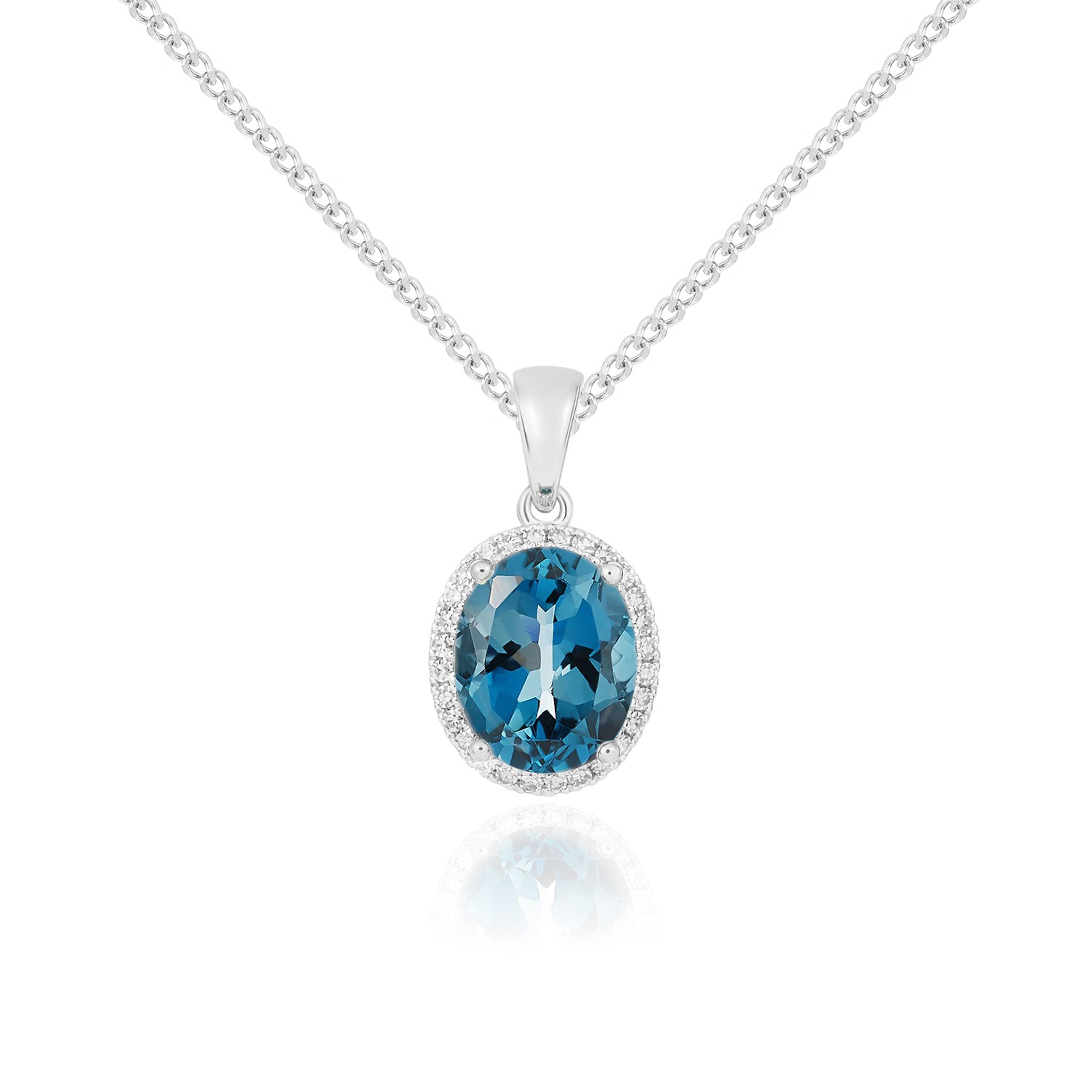 9ct White Gold 10x8 Oval London Blue Topaz & Diamond Cluster Pendant