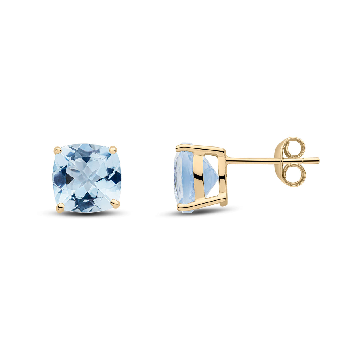 9ct Yellow Gold 8mm Cushion Aquamarine Claw Set Earrings