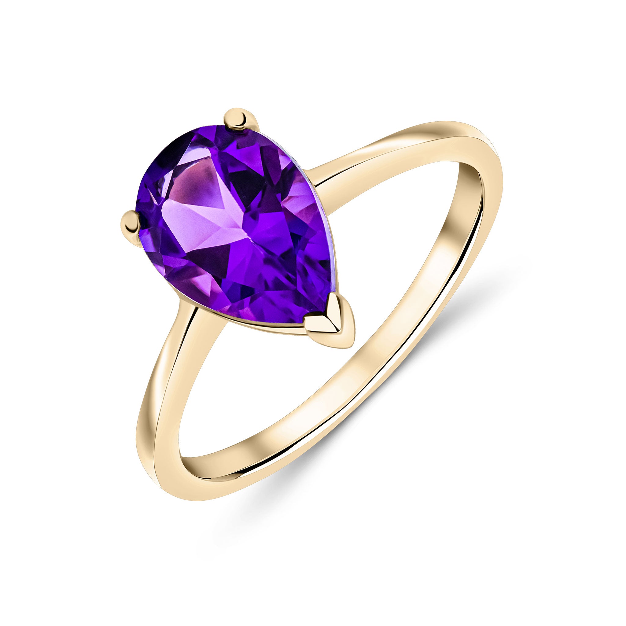 9ct Yellow Gold 10x7mm Pear Shape Amethyst Claw Single Stone Ring