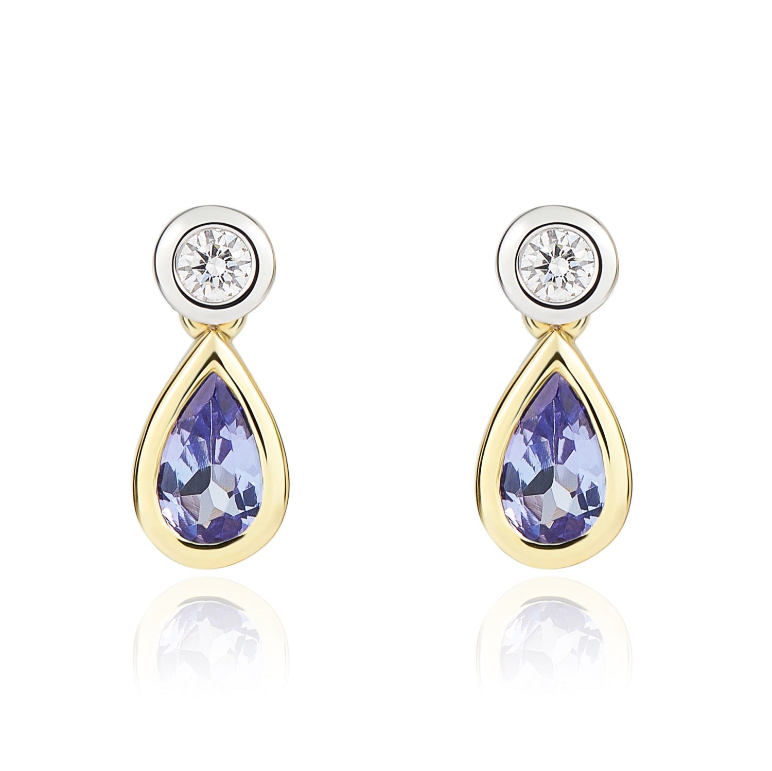 18ct Ywg Pear Shape Tanzanite and Round Diamond Rubover 2 Stone Drop Earrings