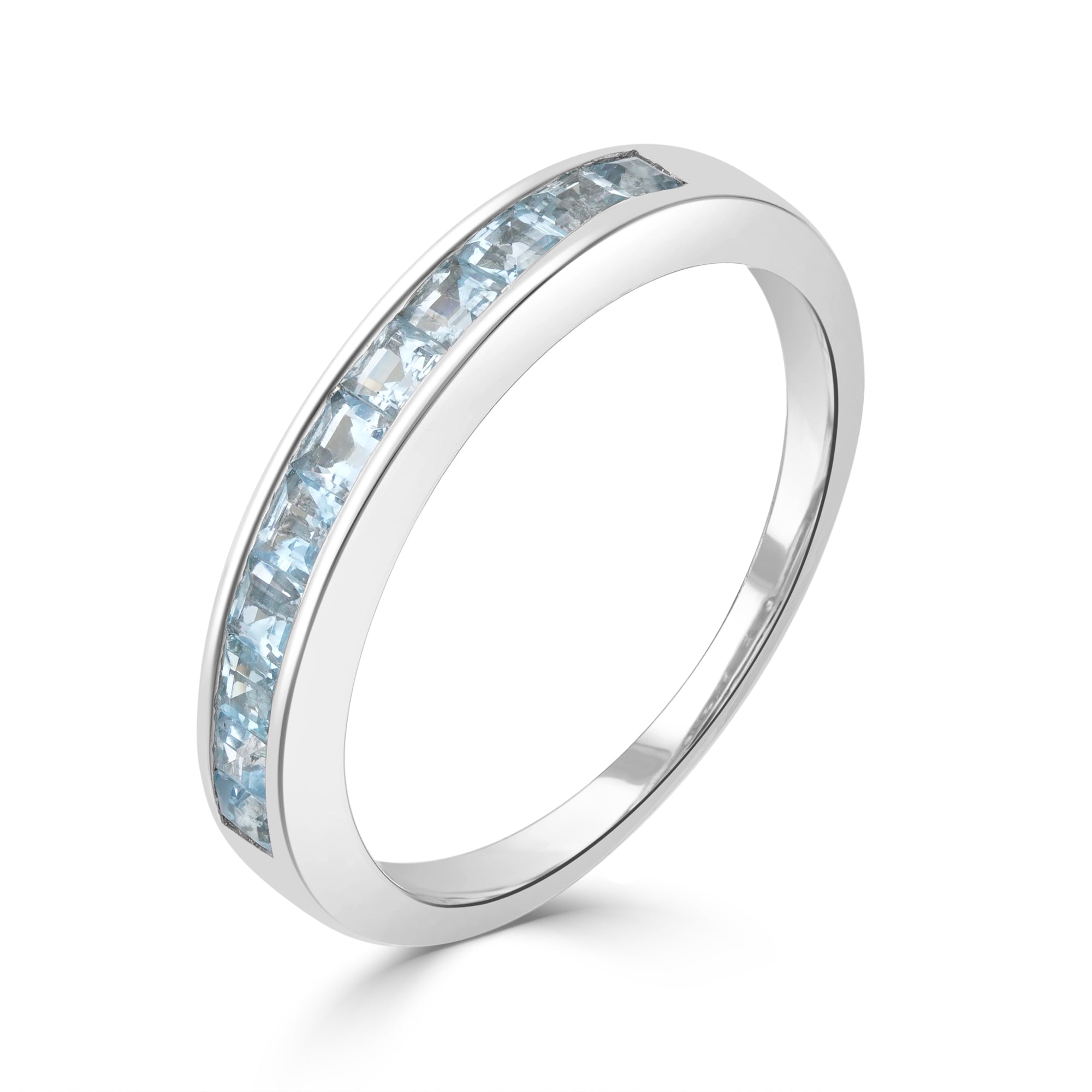 9ct White Gold Square Aquamarine 11 Stone Channel Set 1 2 Eternity Ring