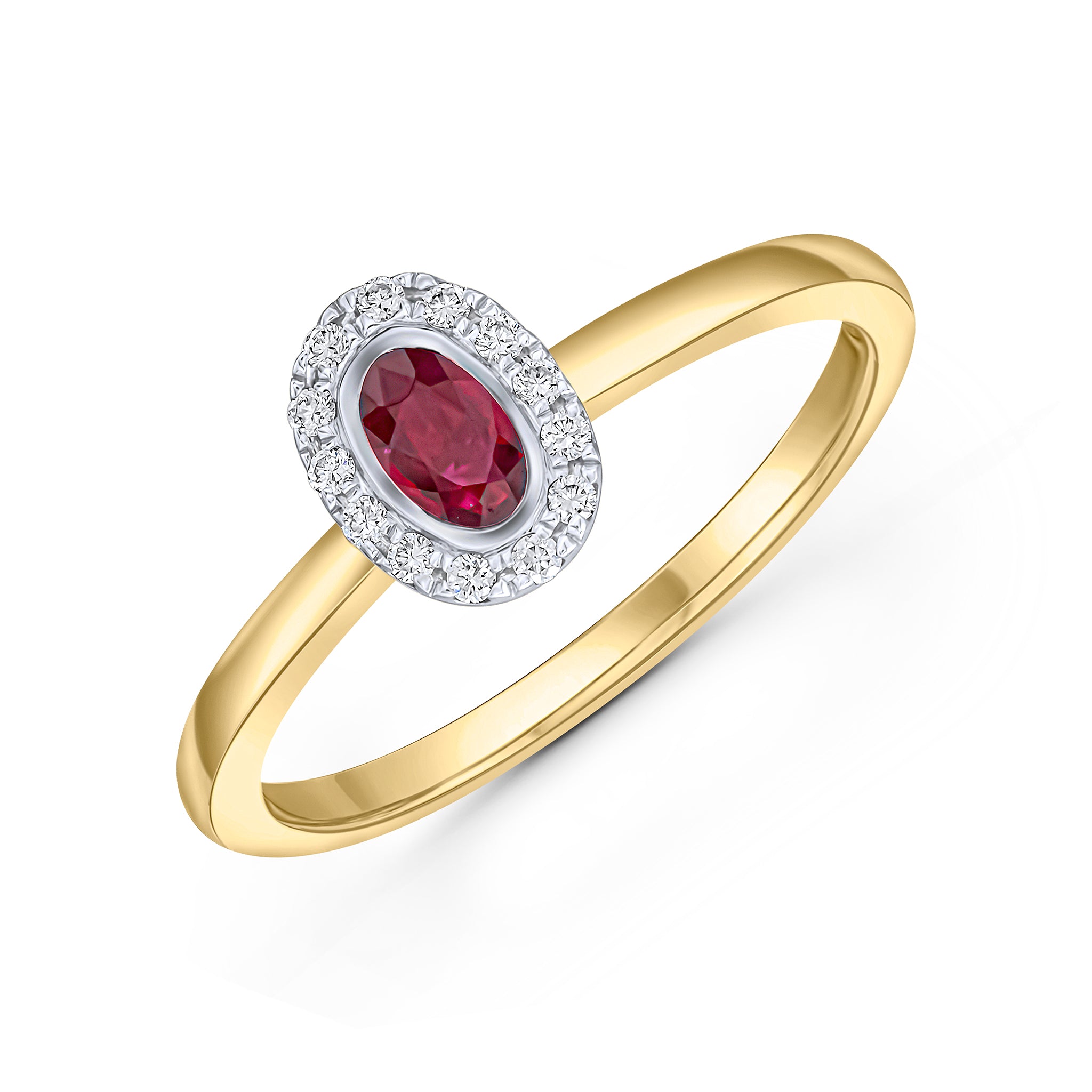 18ct Yellow Gold Oval Ruby and Diamond Rubover Grain Set Cluster Ring