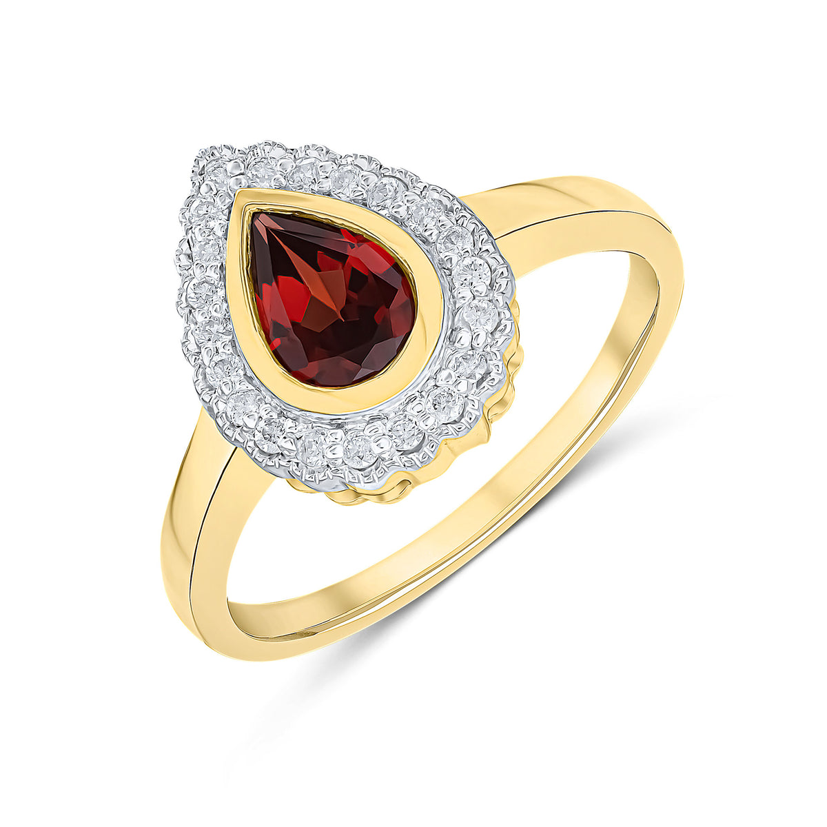 9ct Yellow Gold Pear Shape Rubover Garnet and Milgrain Round Diamond Cluster Ring Rhodium to Diamonds