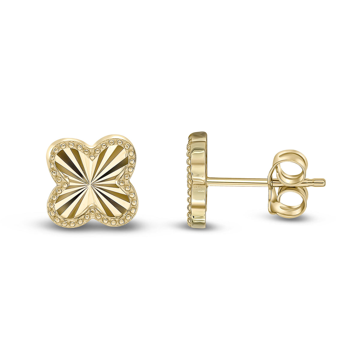 9ct Yellow Gold Diamond Cut Beaded Edge Clover Stud Earrings