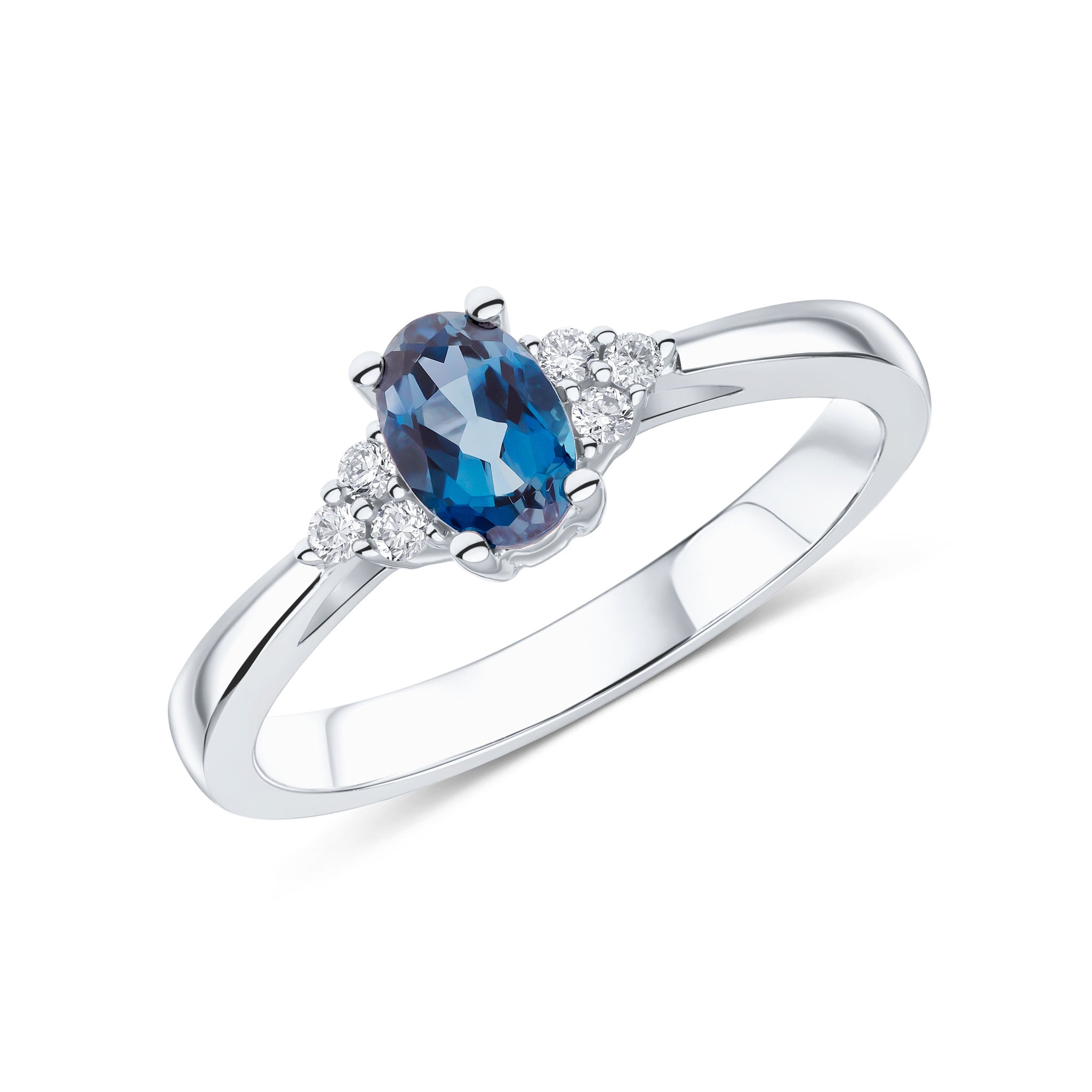 9CT WG 6X4 OVAL LONDON BLUE TOPAZ AND ROUND DIAMOND TREFOIL SHOULDERS RING 1