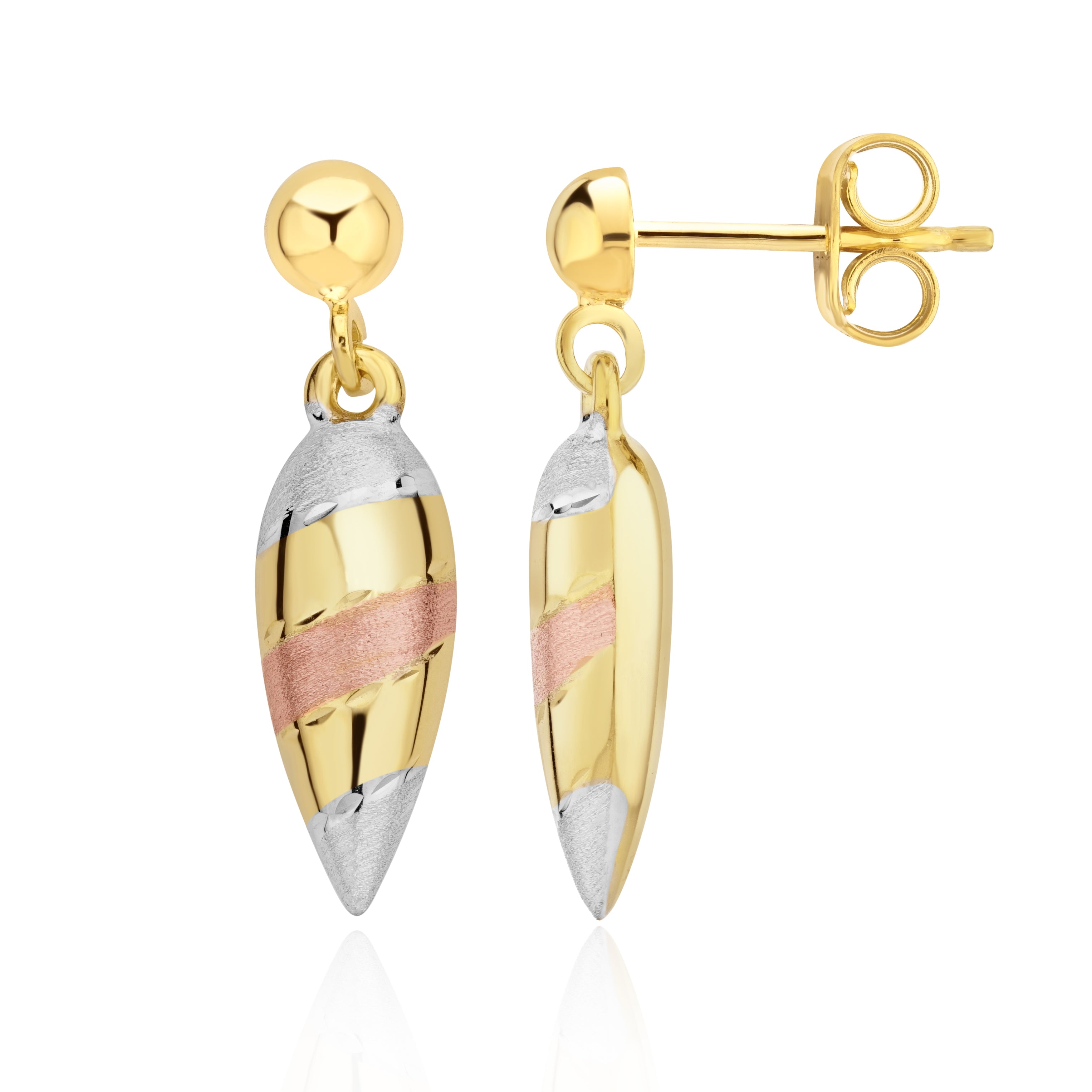 9ct Yellow, White And Rose Gold Polished And Satin Striped Pointed