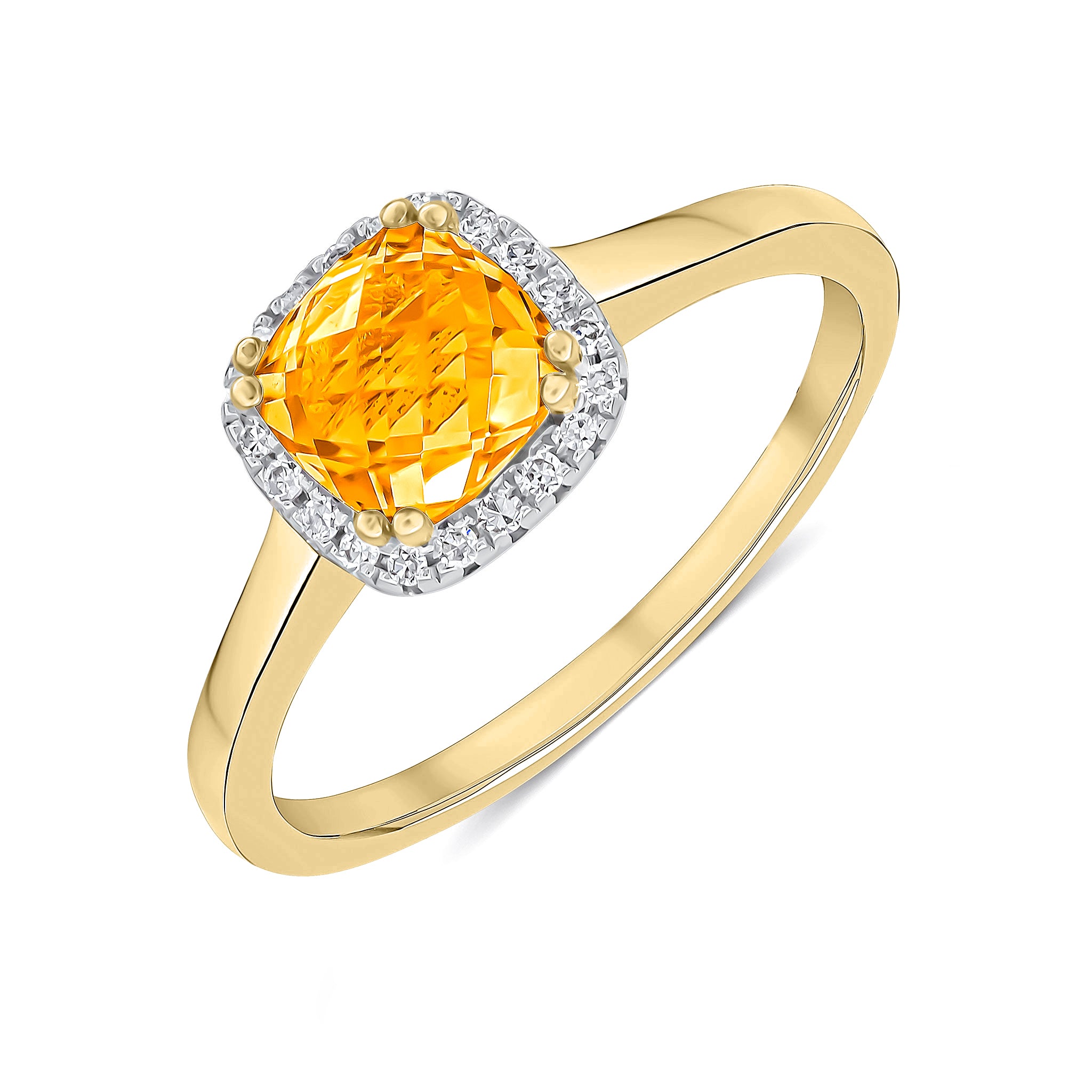 9CT YG 6MM CHECKERBOARD CUT CUSHION CITRINE AND ROUND DIAMOND CLAW SET CLUSTER RING 1