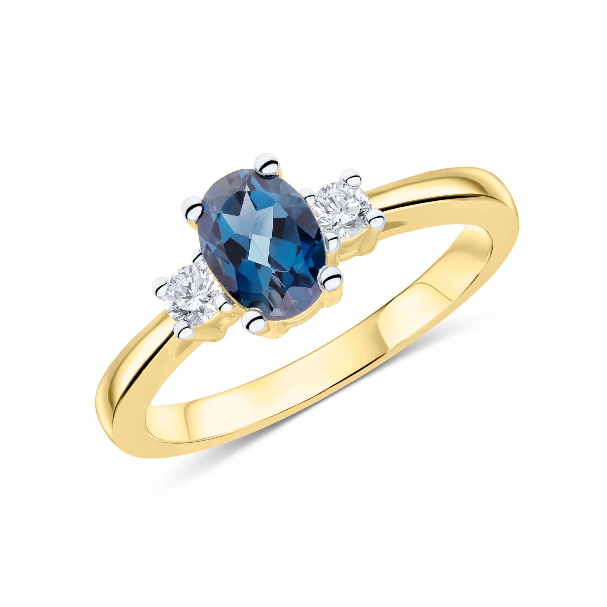 9ct Yellow Gold 7x5 Oval London Blue Topaz and Round Diamond Claw Set 3 Stone Ring Rhodium to Diamonds