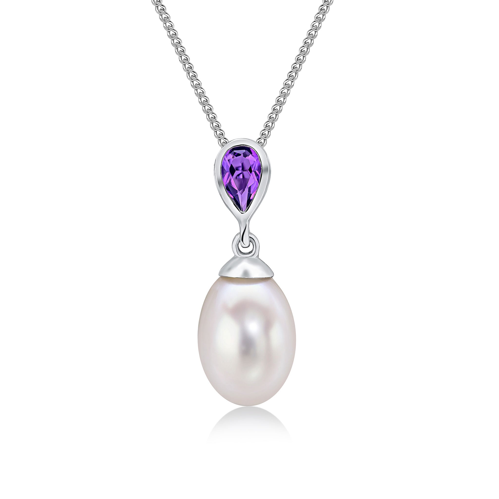 9ct White Gold Pearl & Single Pear Shape Amethyst Drop Pendant