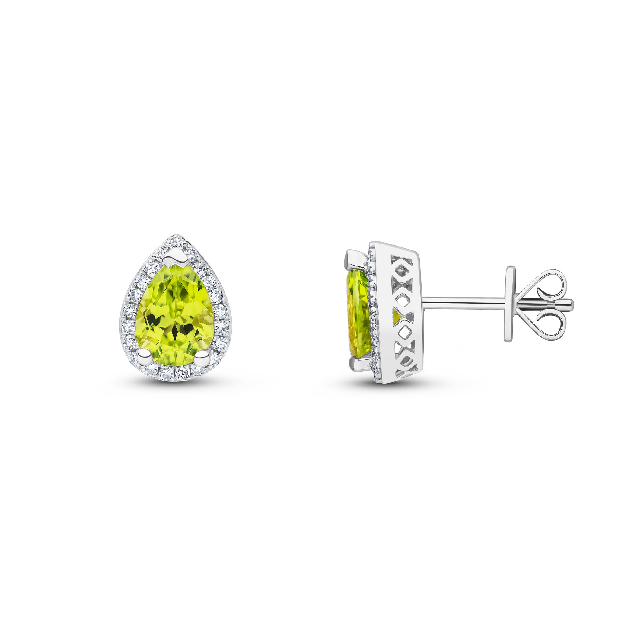 9ct White Gold 7x5 Pear Shape Peridot & Diamond Cluster Earrings