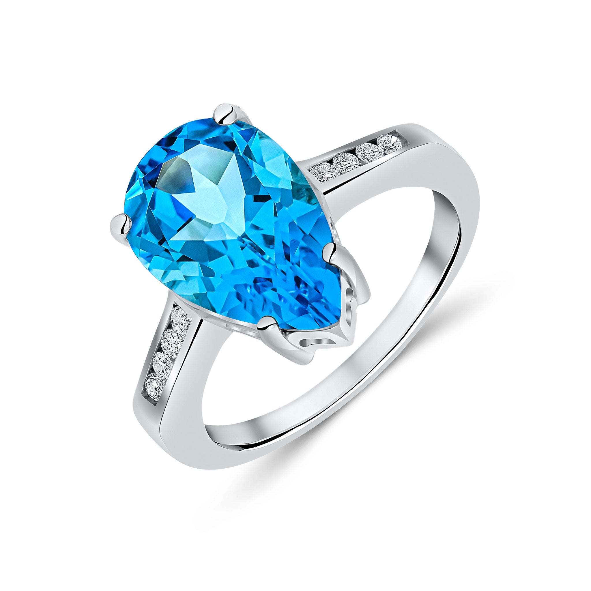 9CT WG 14X9 PEARSHAPE SWISS BLUE TOPAZ SINGLE STONE RING WITH CHANNEL SET DIAMOND SHOULDERS 1