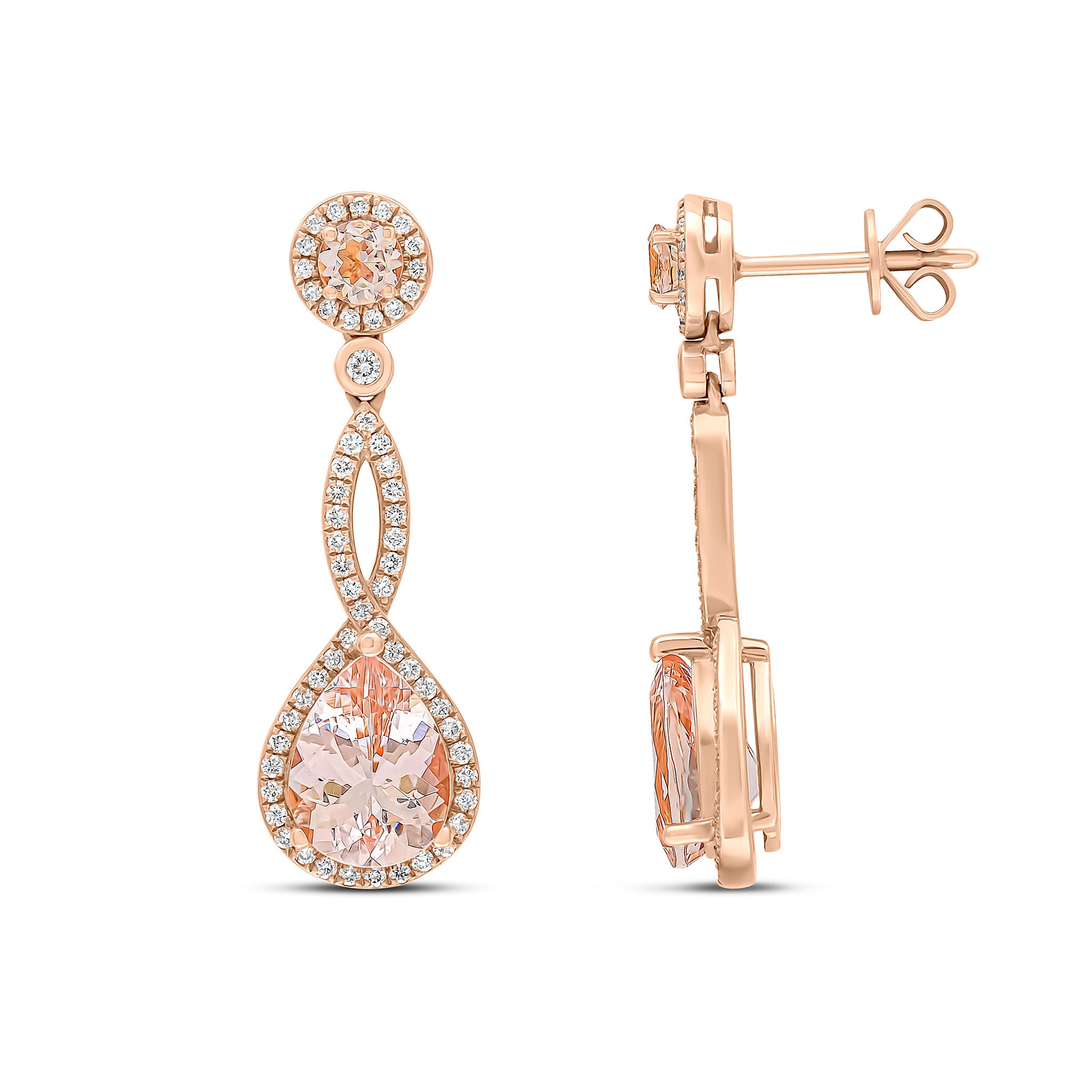 18ct Rose Gold Pear Shape and Round Morganite & Diamond Double Cluster Drop Earrings