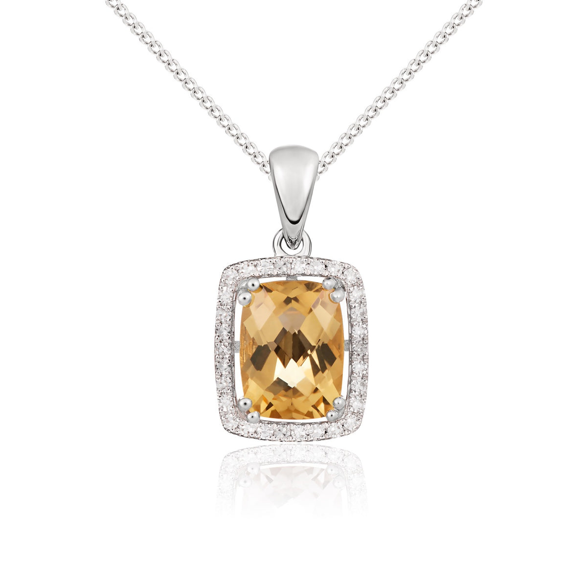 9ct White Gold 8x6 Cushion Citrine & Diamond Halo Cluster Pendant
