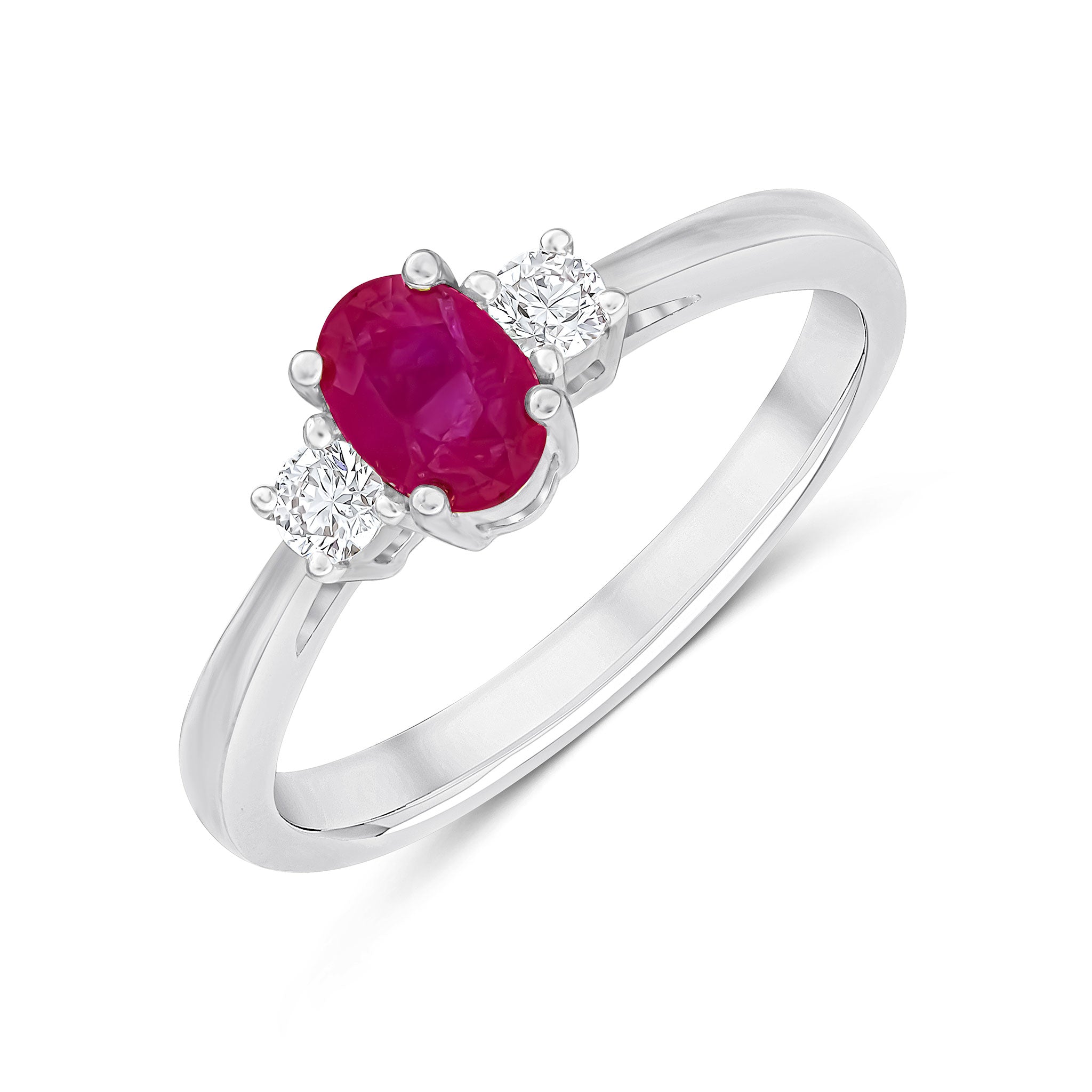 18ct White Gold 6x4 Oval Ruby & Diamond Claw Set 3 Stone Ring