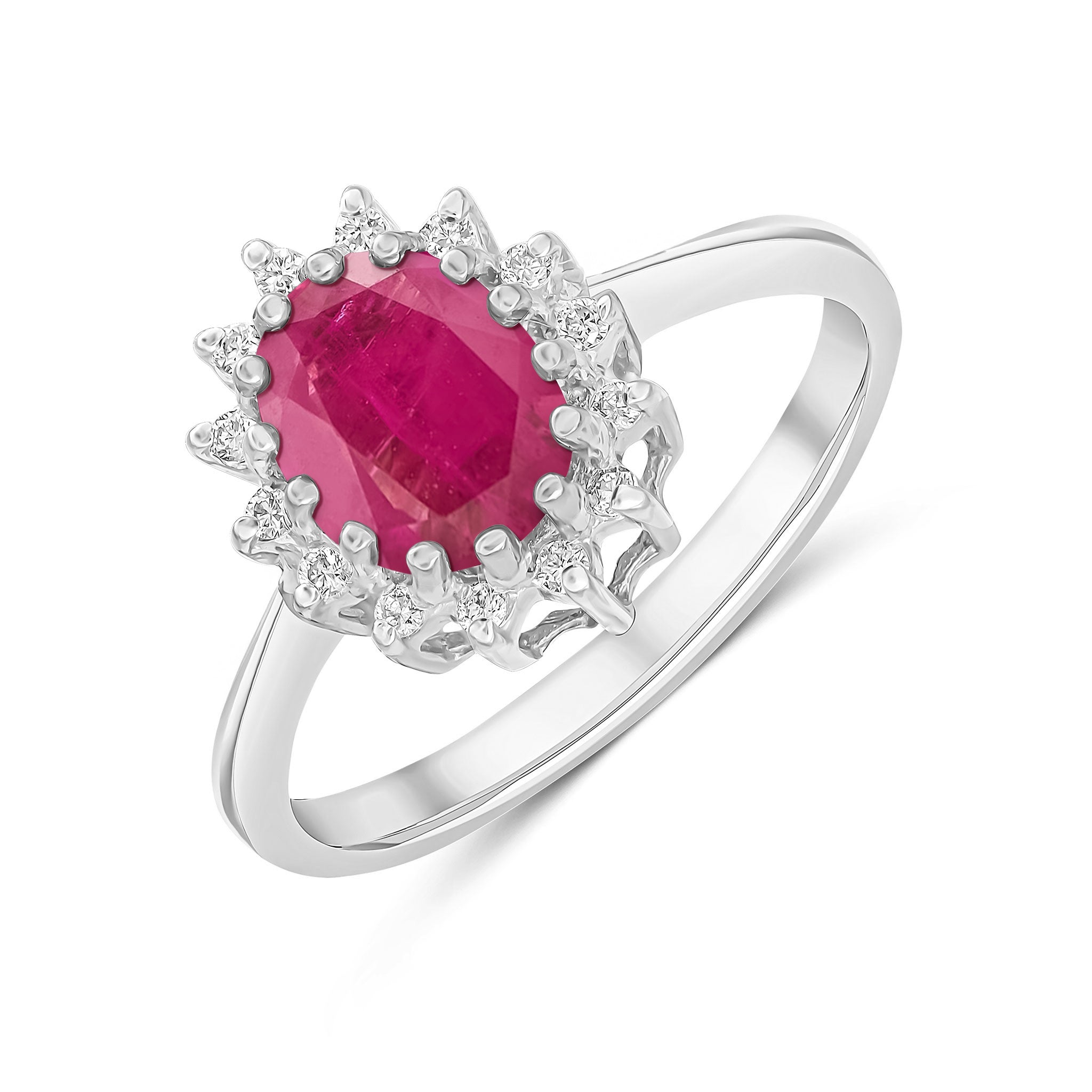 9ct White Gold 8x6 Oval Ruby & Diamond Claw Set Custer Ring